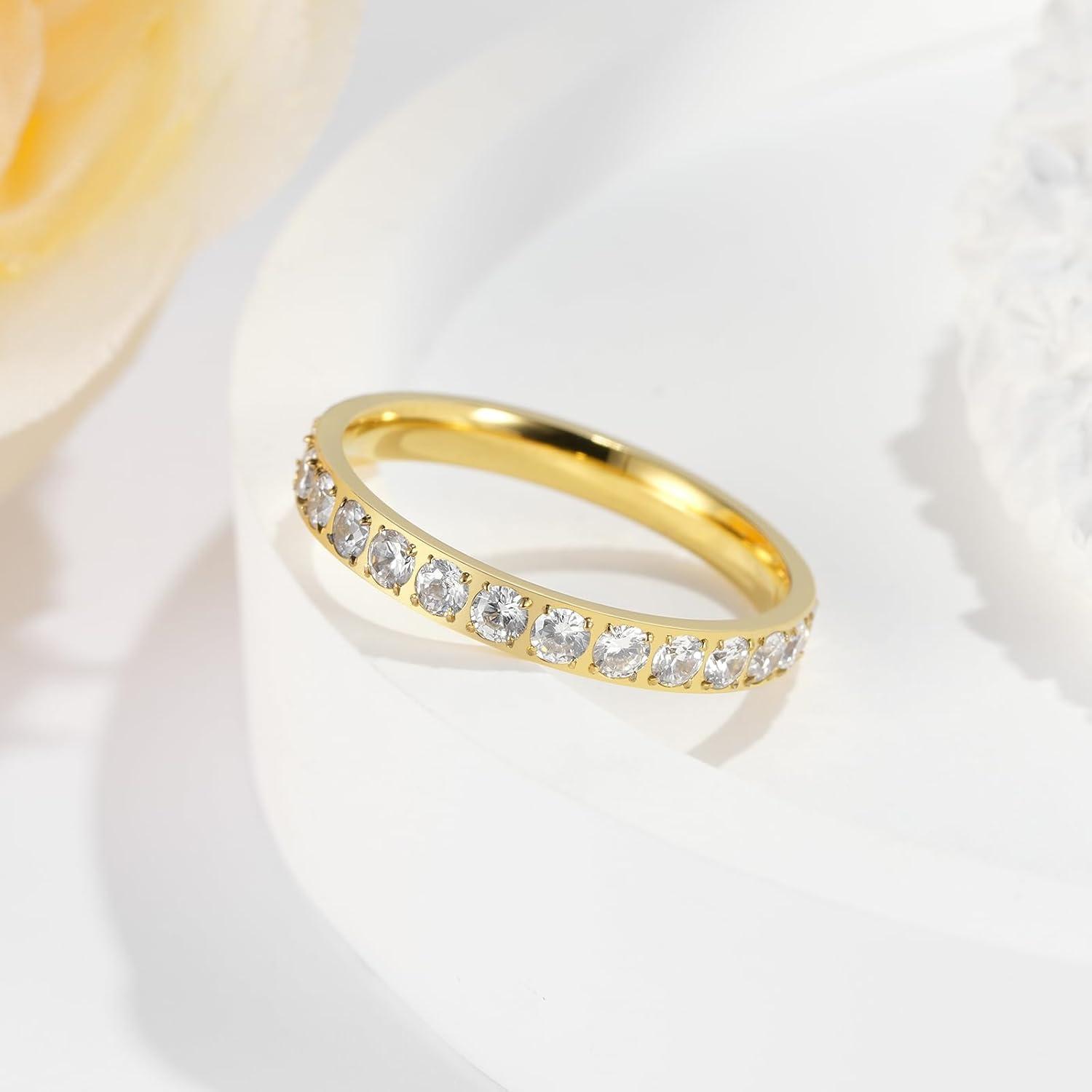 imageKing Will CZ Simulate Diamond Stackable Rings for Women Full Eternity Wedding Band 3mm Titanium SilverGoldRose Gold Plated Pink Cubic Zirconia Anniversary ring Hypoallergenic ampamp Comfort FitGold with 3mm Clear CZ