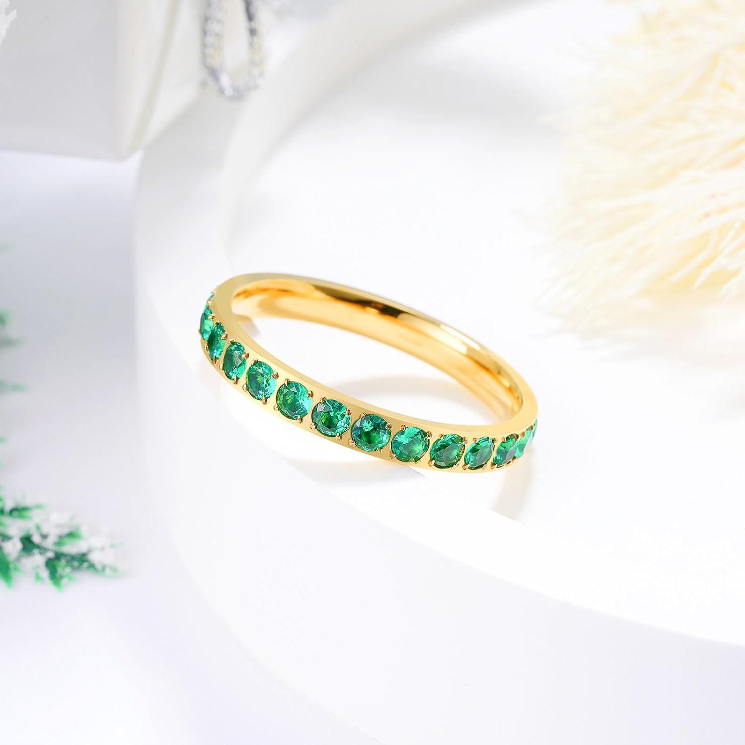 imageKing Will CZ Simulate Diamond Stackable Rings for Women Full Eternity Wedding Band 3mm Titanium SilverGoldRose Gold Plated Pink Cubic Zirconia Anniversary ring Hypoallergenic ampamp Comfort FitGold with 3mm Green CZ