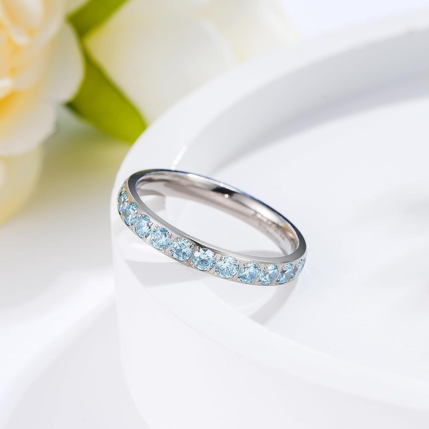 imageKing Will CZ Simulate Diamond Stackable Rings for Women Full Eternity Wedding Band 3mm Titanium SilverGoldRose Gold Plated Pink Cubic Zirconia Anniversary ring Hypoallergenic ampamp Comfort FitSilver with 3mm Blue CZ