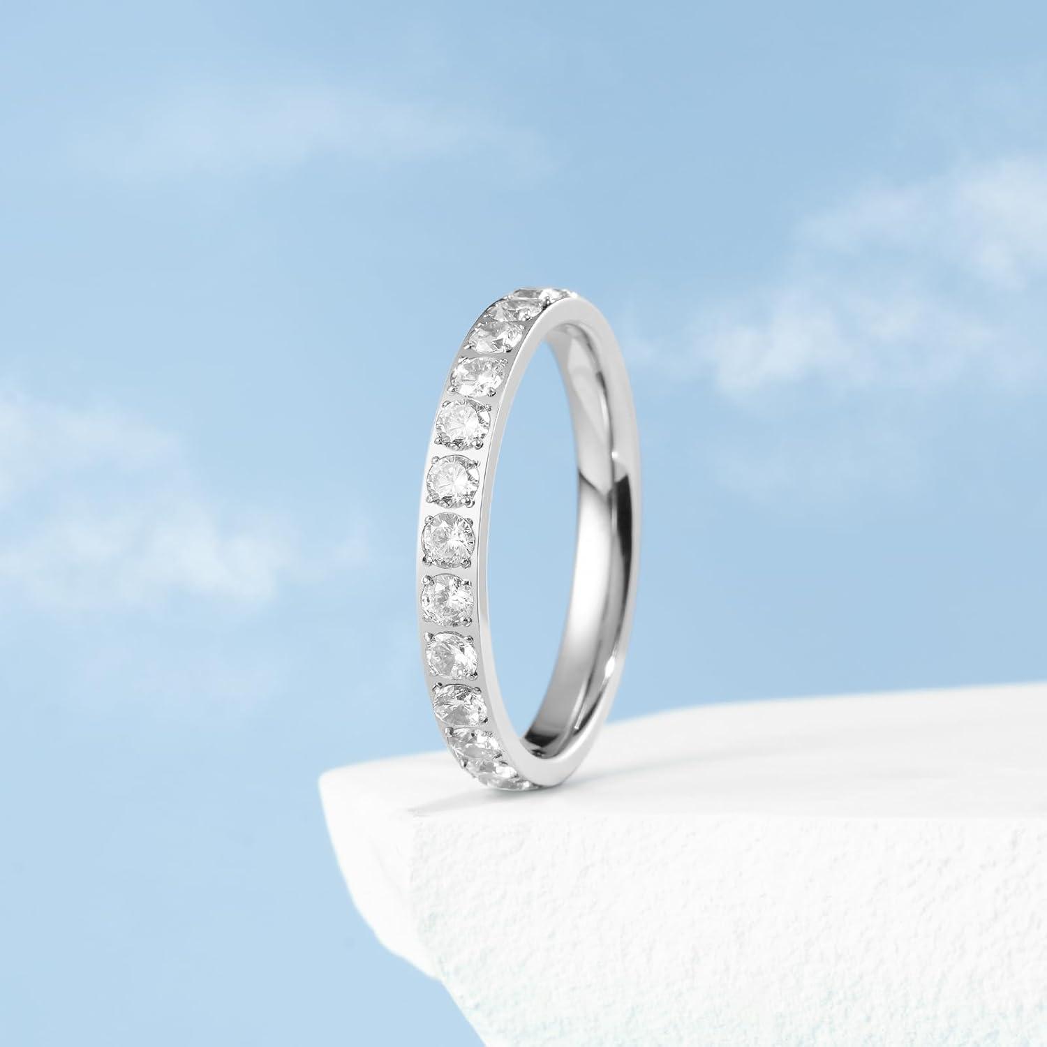 imageKing Will CZ Simulate Diamond Stackable Rings for Women Full Eternity Wedding Band 3mm Titanium SilverGoldRose Gold Plated Pink Cubic Zirconia Anniversary ring Hypoallergenic ampamp Comfort FitSilver with 3mm Clear CZ