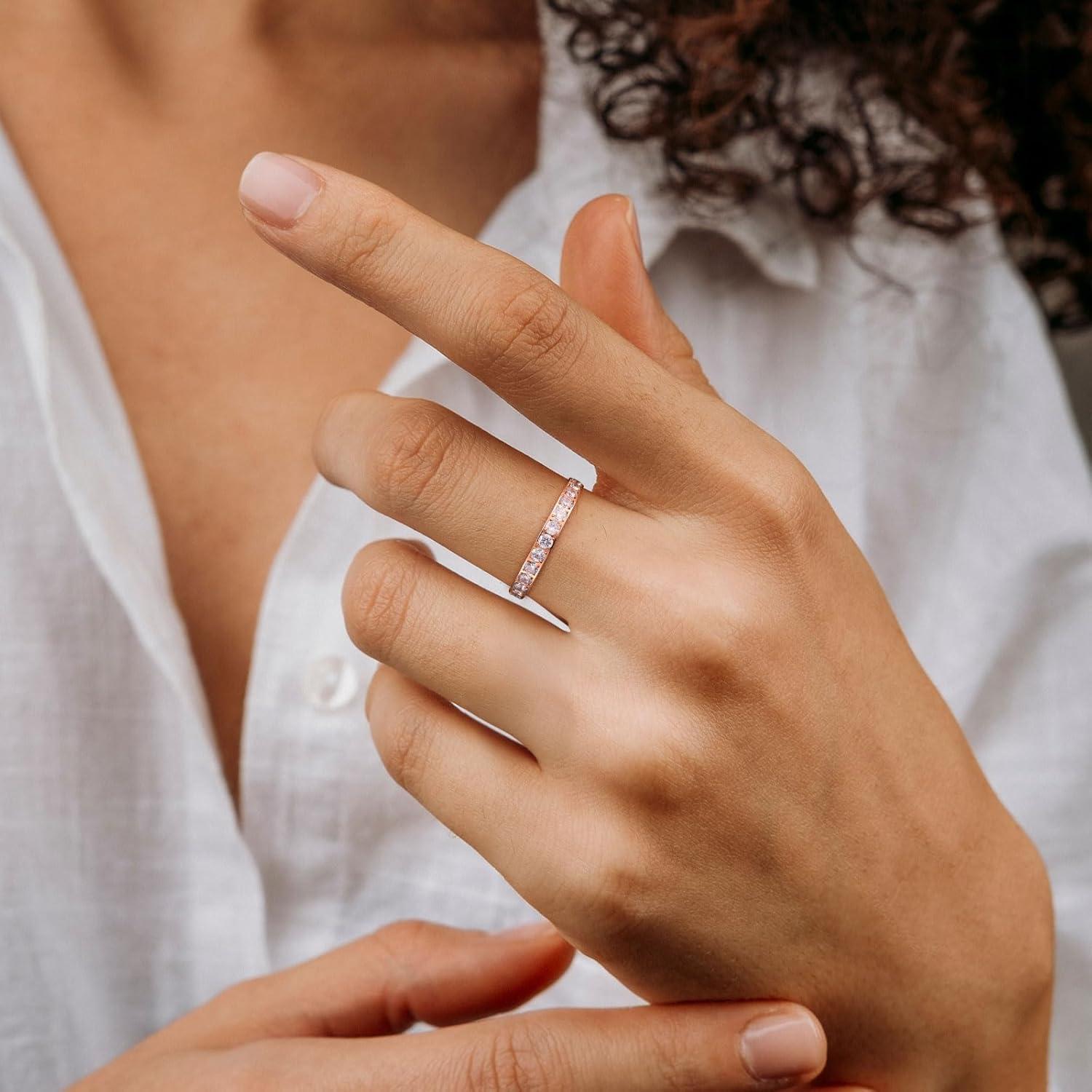 imageKing Will CZ Simulate Diamond Stackable Rings for Women Full Eternity Wedding Band 3mm Titanium SilverGoldRose Gold Plated Pink Cubic Zirconia Anniversary ring Hypoallergenic ampamp Comfort FitRose Gold with 3mm Clear CZ