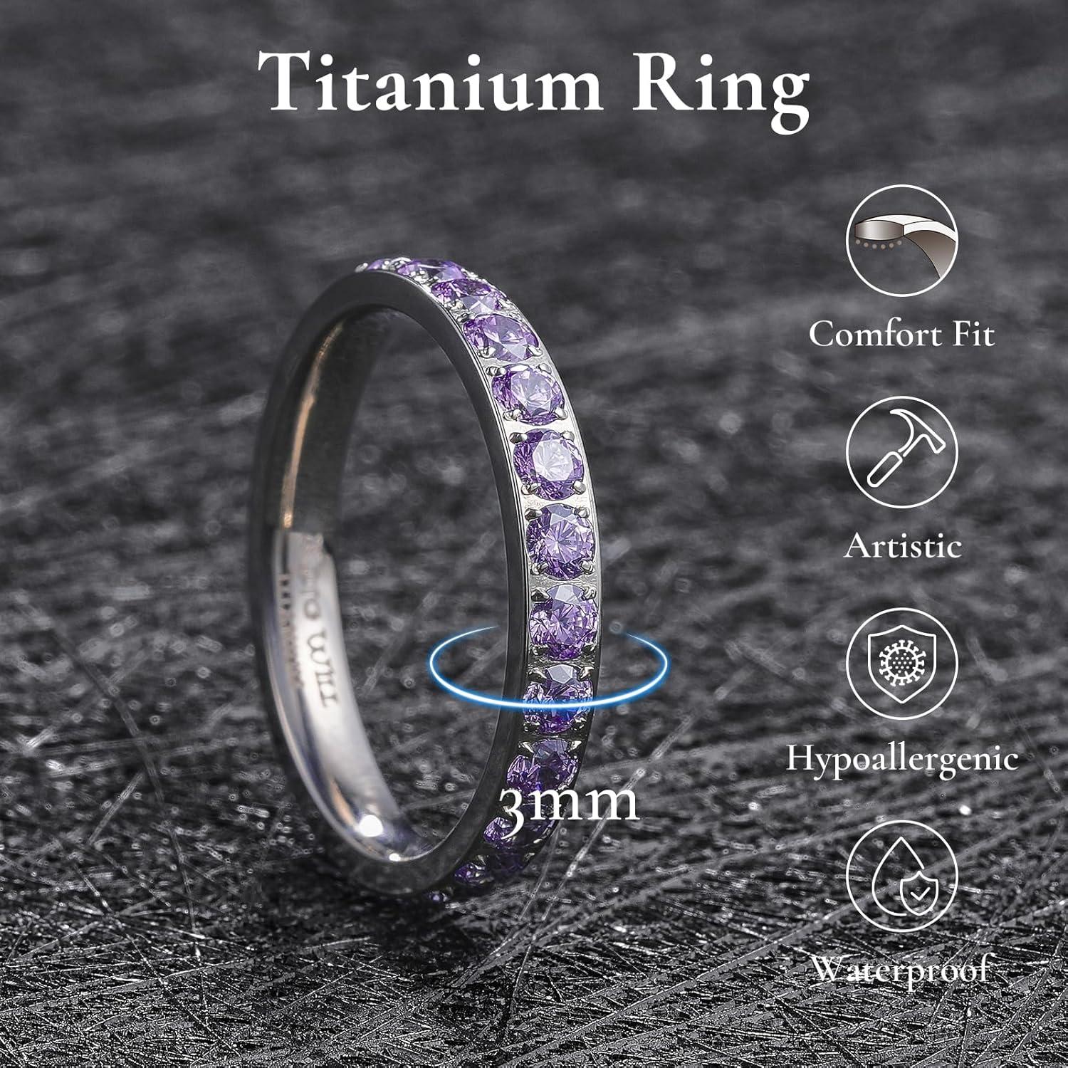 imageKing Will CZ Simulate Diamond Stackable Rings for Women Full Eternity Wedding Band 3mm Titanium SilverGoldRose Gold Plated Pink Cubic Zirconia Anniversary ring Hypoallergenic ampamp Comfort FitSilver with 3mm Violet CZ