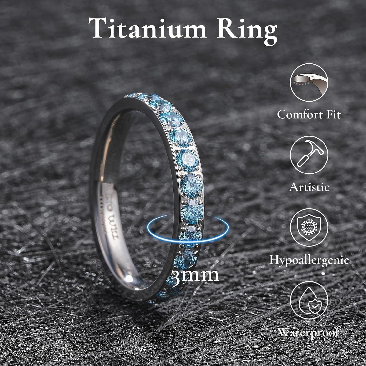 imageKing Will CZ Simulate Diamond Stackable Rings for Women Full Eternity Wedding Band 3mm Titanium SilverGoldRose Gold Plated Pink Cubic Zirconia Anniversary ring Hypoallergenic ampamp Comfort FitSilver with 3mm Blue CZ
