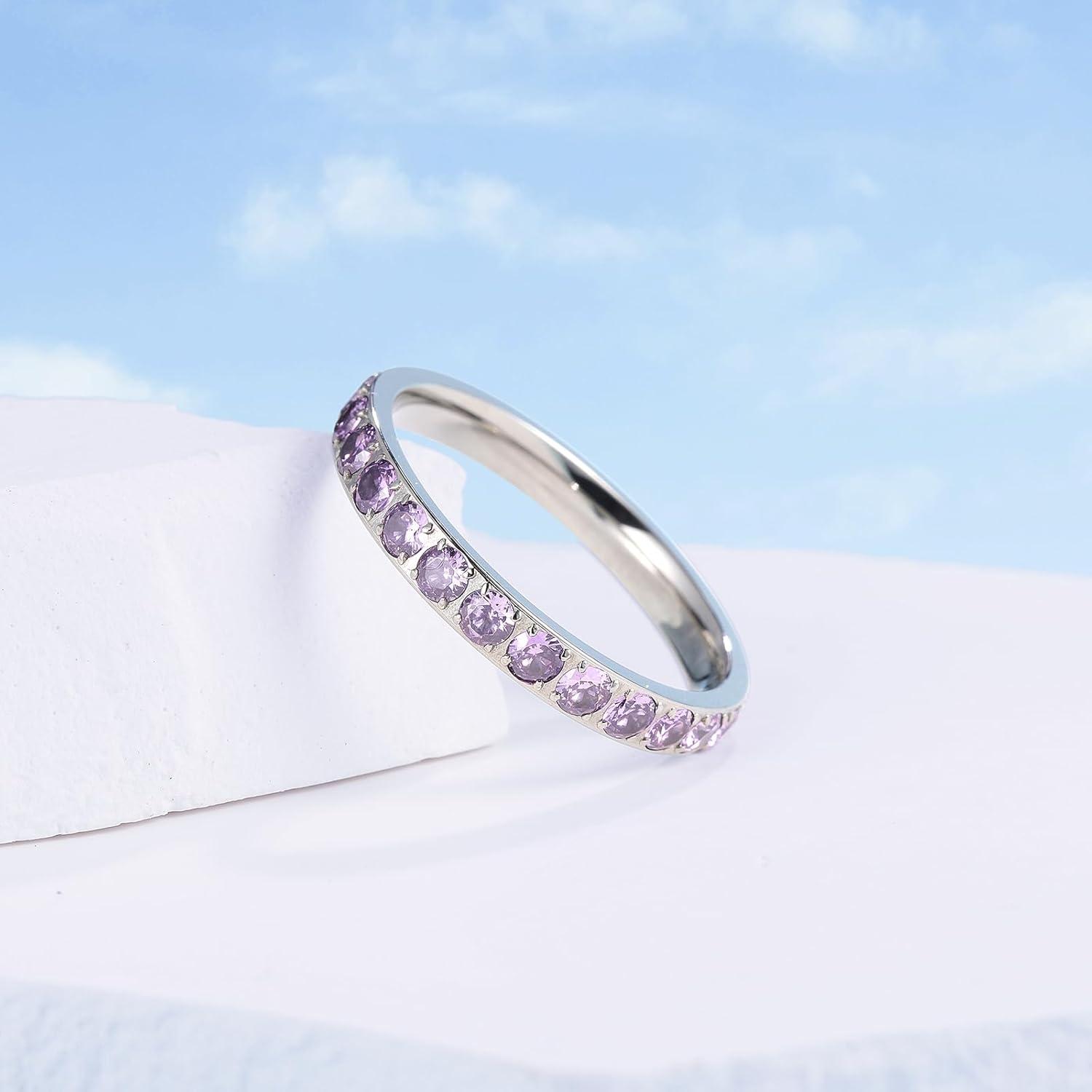 imageKing Will CZ Simulate Diamond Stackable Rings for Women Full Eternity Wedding Band 3mm Titanium SilverGoldRose Gold Plated Pink Cubic Zirconia Anniversary ring Hypoallergenic ampamp Comfort FitSilver with 3mm Violet CZ