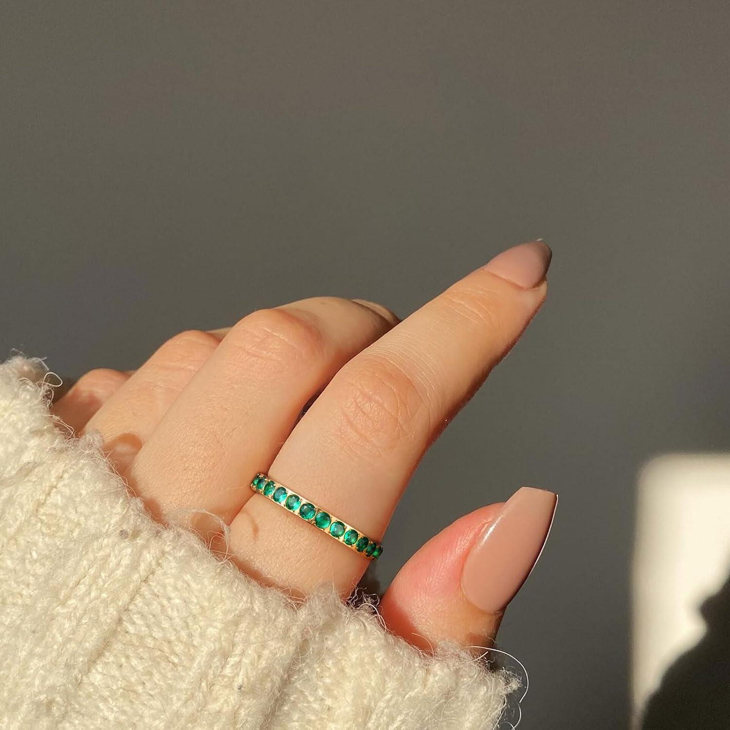 imageKing Will CZ Simulate Diamond Stackable Rings for Women Full Eternity Wedding Band 3mm Titanium SilverGoldRose Gold Plated Pink Cubic Zirconia Anniversary ring Hypoallergenic ampamp Comfort FitGold with 3mm Green CZ