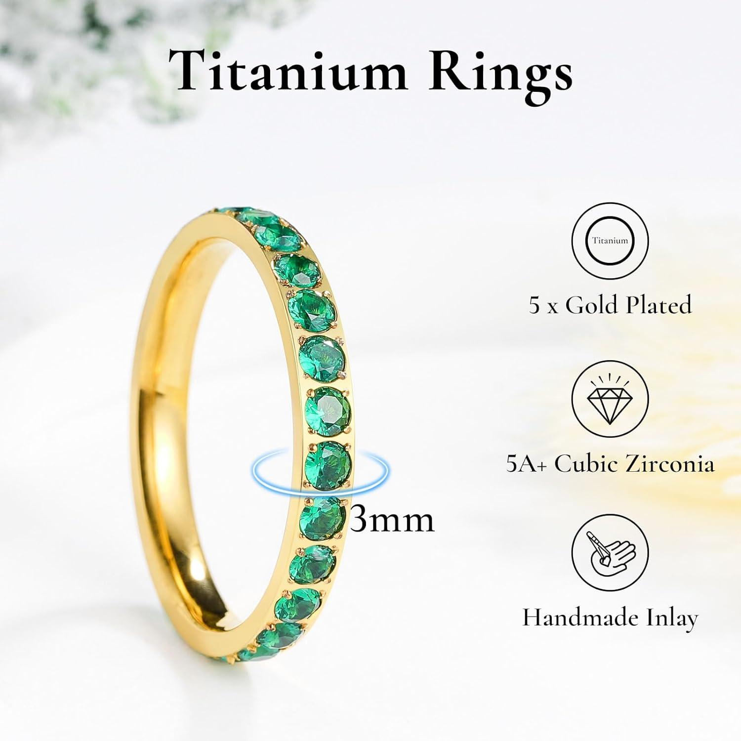 imageKing Will CZ Simulate Diamond Stackable Rings for Women Full Eternity Wedding Band 3mm Titanium SilverGoldRose Gold Plated Pink Cubic Zirconia Anniversary ring Hypoallergenic ampamp Comfort FitGold with 3mm Green CZ