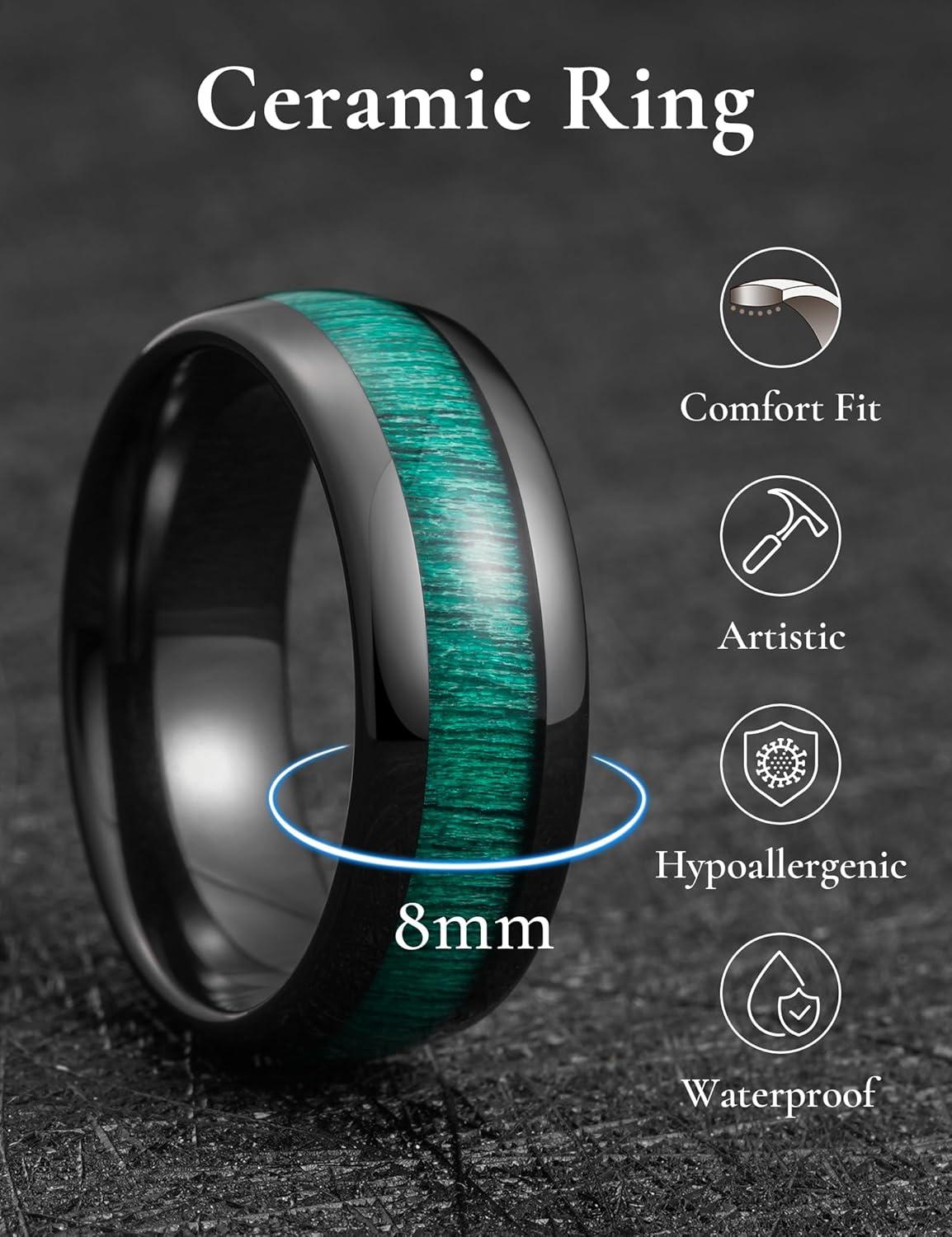 imageKing Will Ceramic Wedding Band for Men Women38 mm Width Black Rose Gold Wedding Ring Domed Style with BrownGreen Koa Wood Inlay Comfort Fit Size 714Green8mm