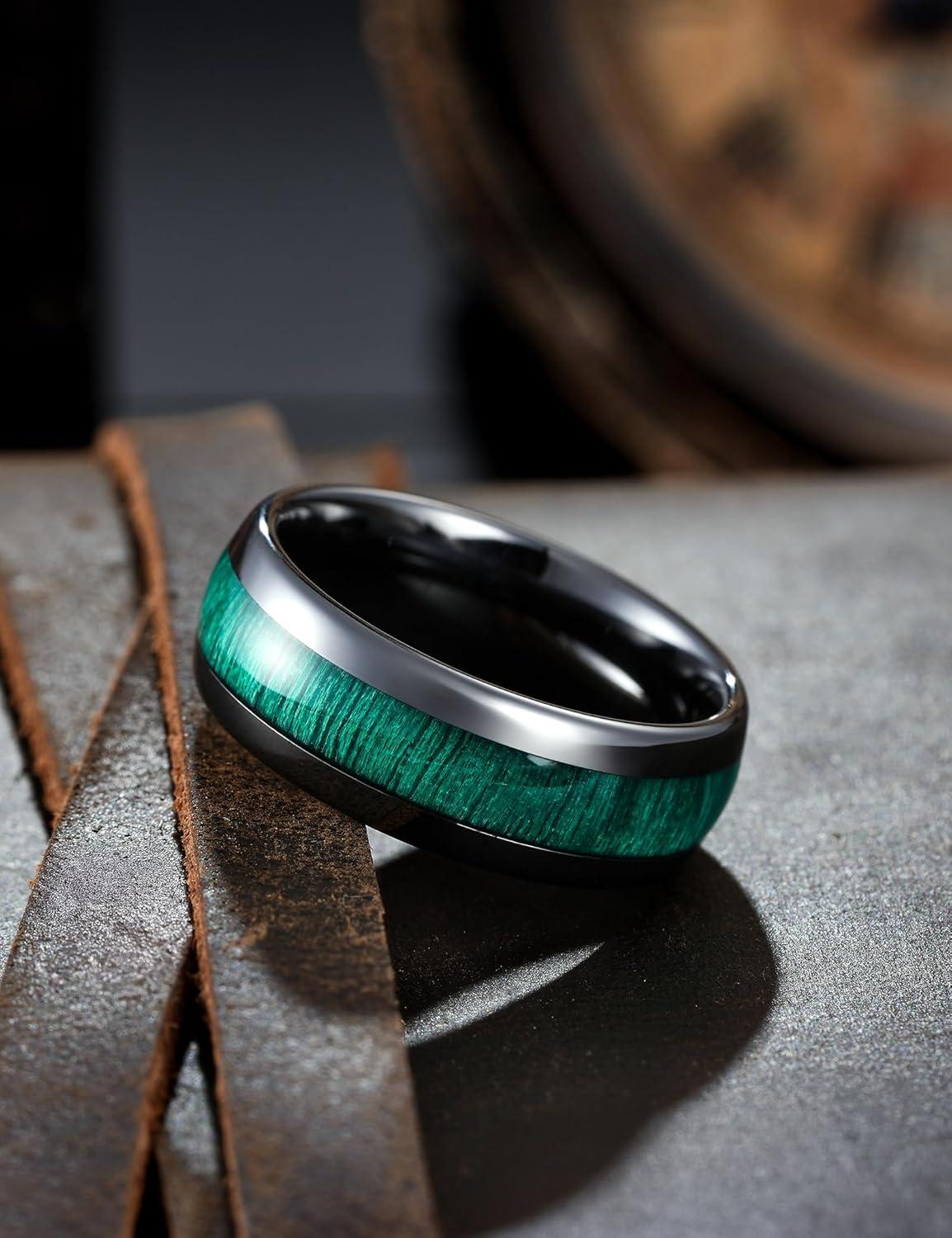 imageKing Will Ceramic Wedding Band for Men Women38 mm Width Black Rose Gold Wedding Ring Domed Style with BrownGreen Koa Wood Inlay Comfort Fit Size 714Green8mm