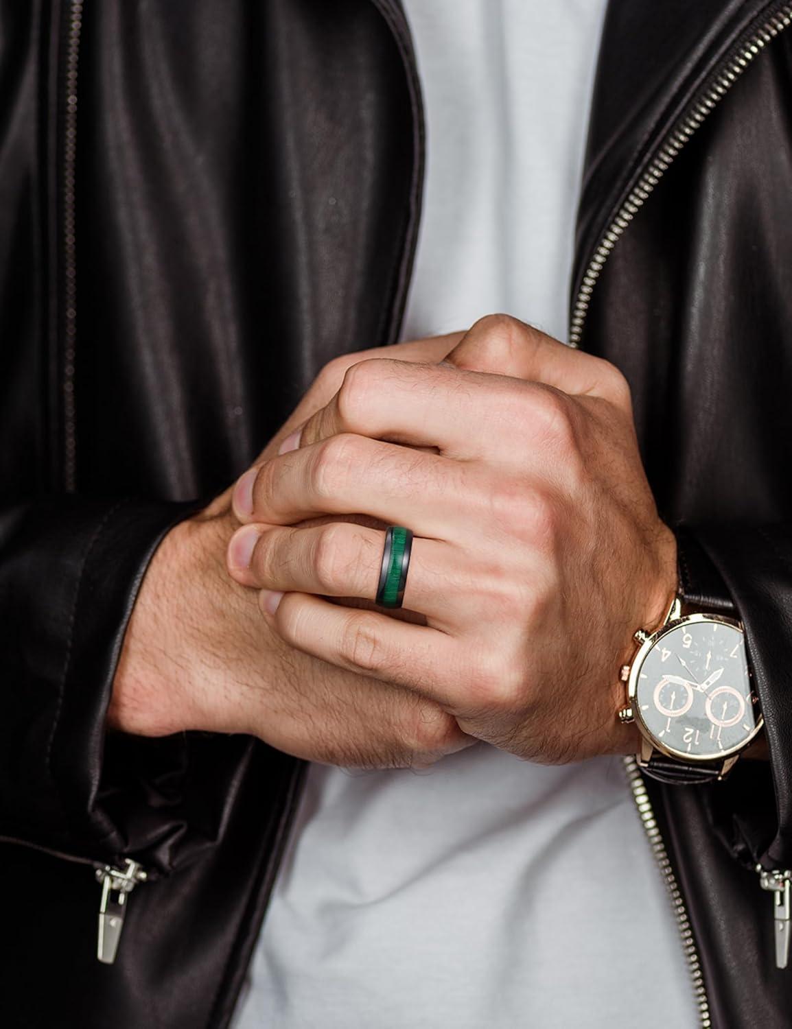 imageKing Will Ceramic Wedding Band for Men Women38 mm Width Black Rose Gold Wedding Ring Domed Style with BrownGreen Koa Wood Inlay Comfort Fit Size 714Green8mm