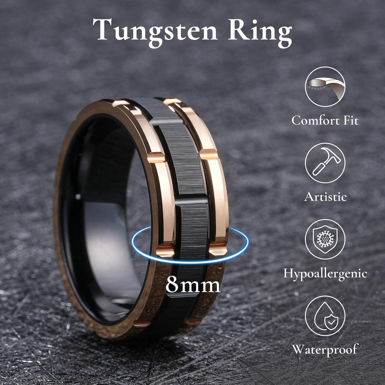 imageKing Will Classic Mens 8mm SilverBlackGoldRose Gold Tungsten Carbide Wedding Band Brick Pattern Groove Center Surface Brushed Finish Comfort FitABlack Rose Gold