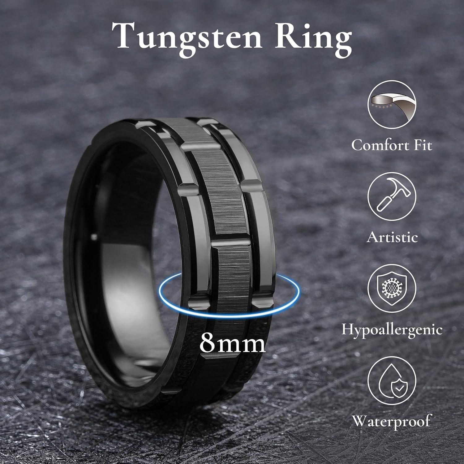 imageKing Will Classic Mens 8mm SilverBlackGoldRose Gold Tungsten Carbide Wedding Band Brick Pattern Groove Center Surface Brushed Finish Comfort FitABlack