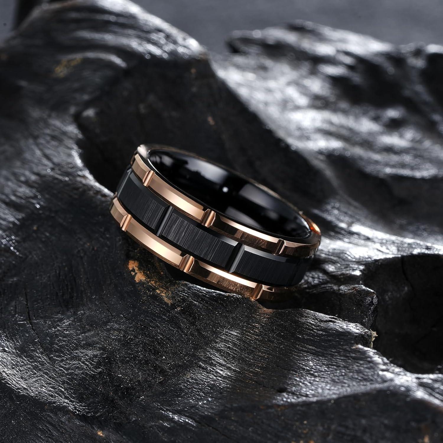 imageKing Will Classic Mens 8mm SilverBlackGoldRose Gold Tungsten Carbide Wedding Band Brick Pattern Groove Center Surface Brushed Finish Comfort FitABlack Rose Gold