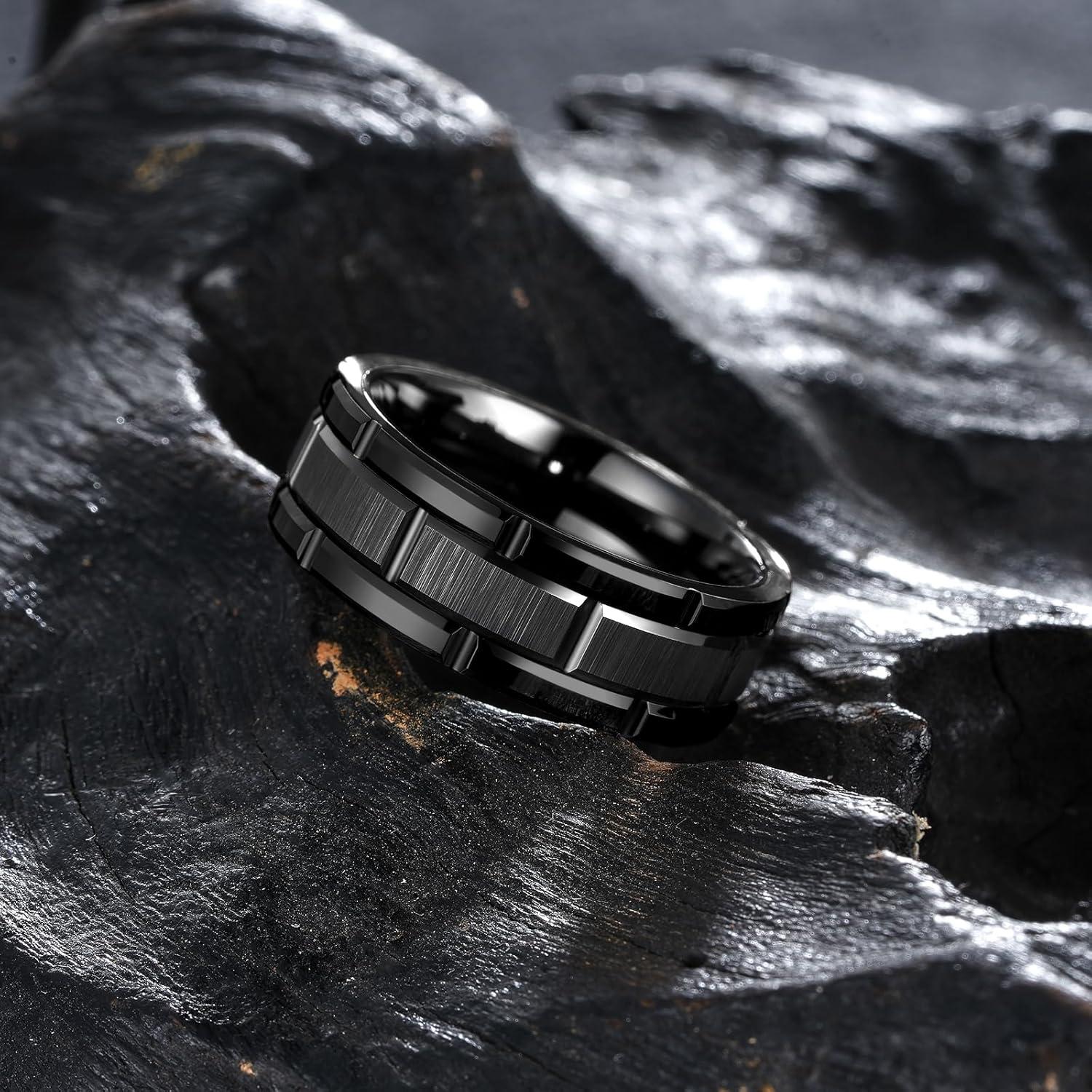 imageKing Will Classic Mens 8mm SilverBlackGoldRose Gold Tungsten Carbide Wedding Band Brick Pattern Groove Center Surface Brushed Finish Comfort FitABlack