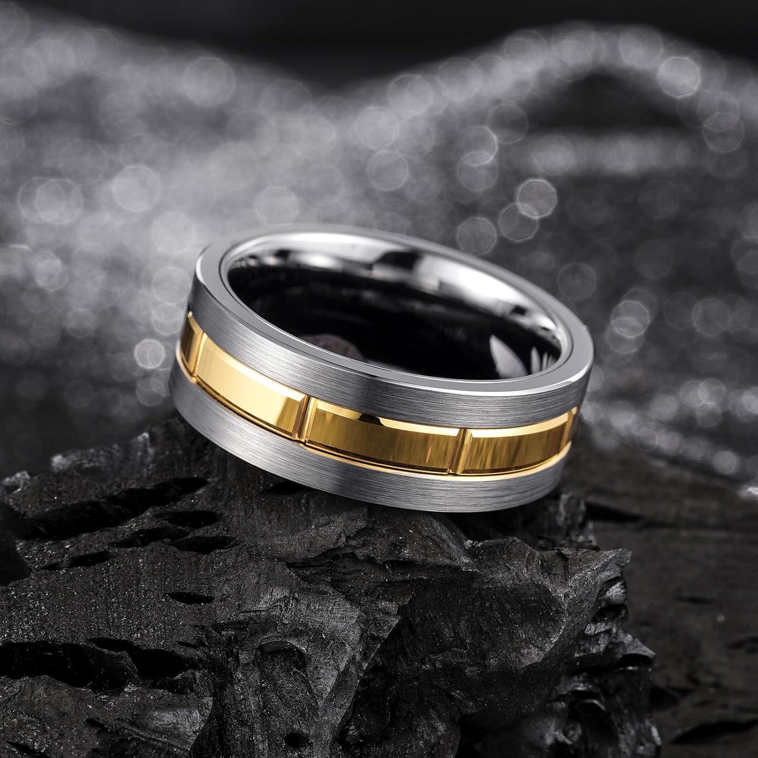 imageKing Will Classic Mens 8mm SilverBlackGoldRose Gold Tungsten Carbide Wedding Band Brick Pattern Groove Center Surface Brushed Finish Comfort FitCSilver Gold