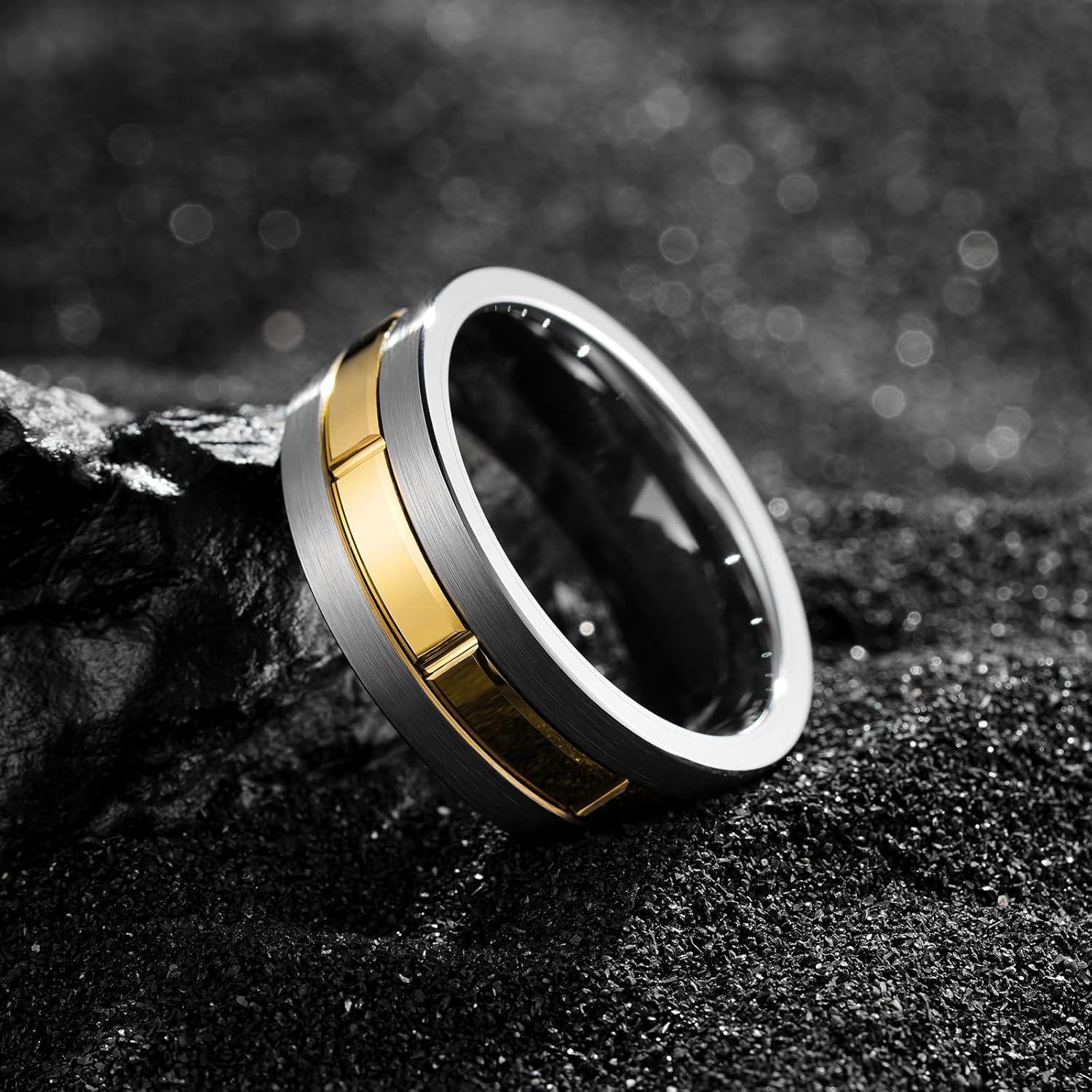 imageKing Will Classic Mens 8mm SilverBlackGoldRose Gold Tungsten Carbide Wedding Band Brick Pattern Groove Center Surface Brushed Finish Comfort FitCSilver Gold