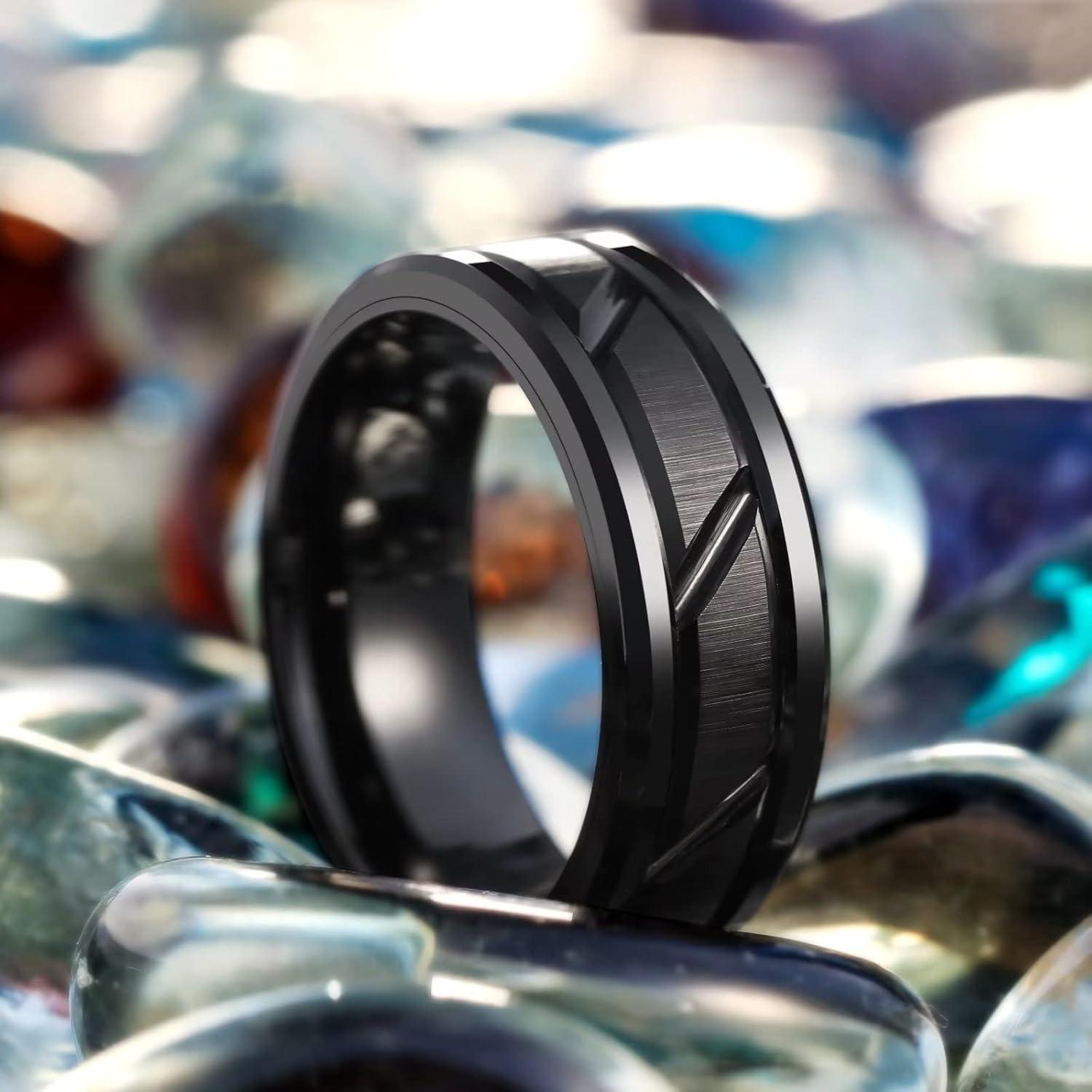 imageKing Will Classic Mens 8mm SilverBlackGoldRose Gold Tungsten Carbide Wedding Band Brick Pattern Groove Center Surface Brushed Finish Comfort FitEBlackOblique