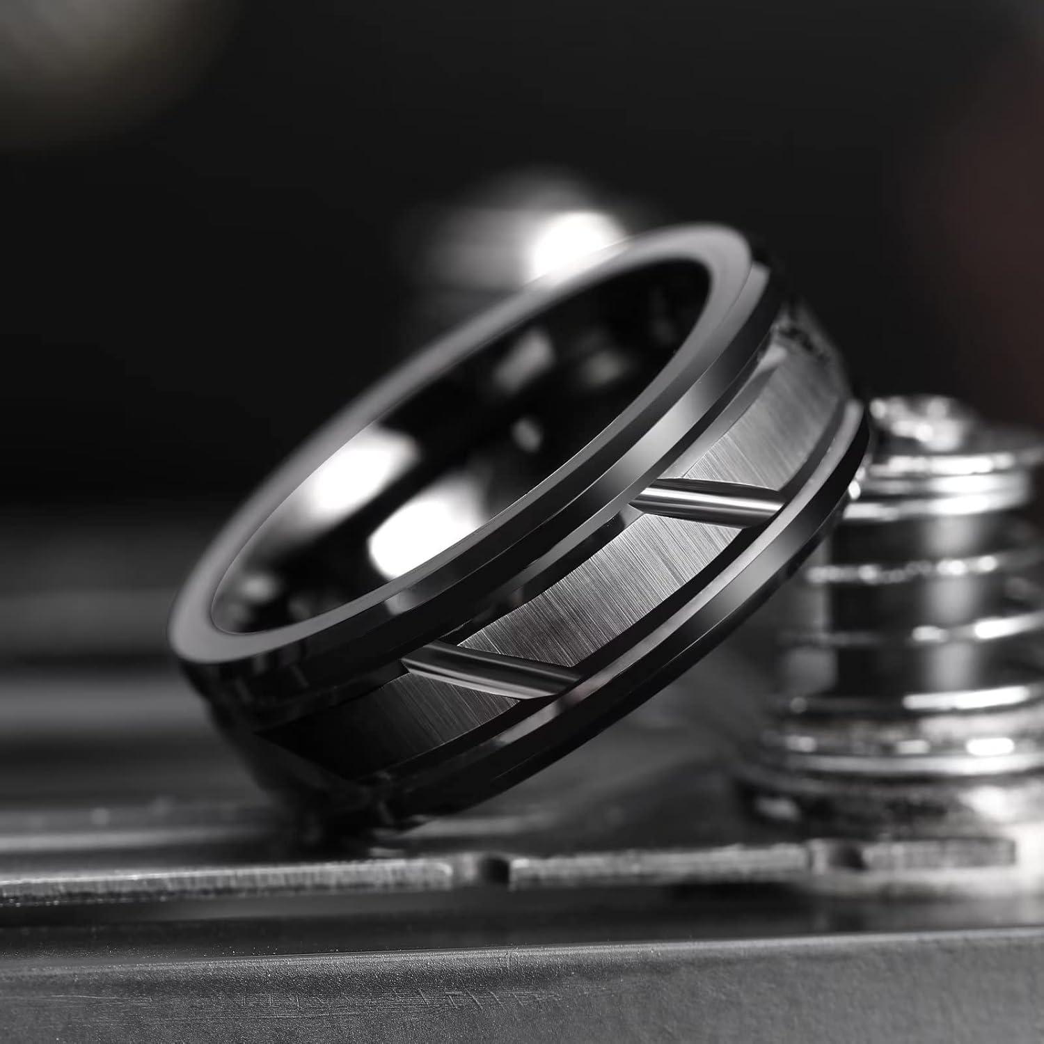 imageKing Will Classic Mens 8mm SilverBlackGoldRose Gold Tungsten Carbide Wedding Band Brick Pattern Groove Center Surface Brushed Finish Comfort FitEBlackOblique