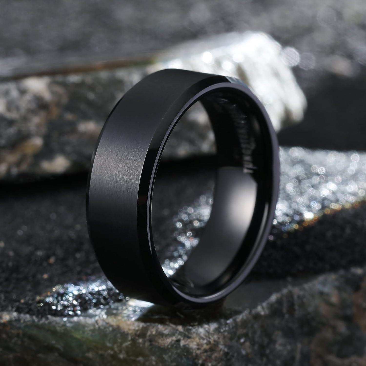 imageKing Will Classic Silver Black 4mm 6mm 8mm 10mm Custom Engraved Tungsten Carbide Rings Personalize Wedding Band Ring for Men Personalize Tungsten Center Matte Finish Center Beveled Polished Edge Comfort FitCustom8mm Black
