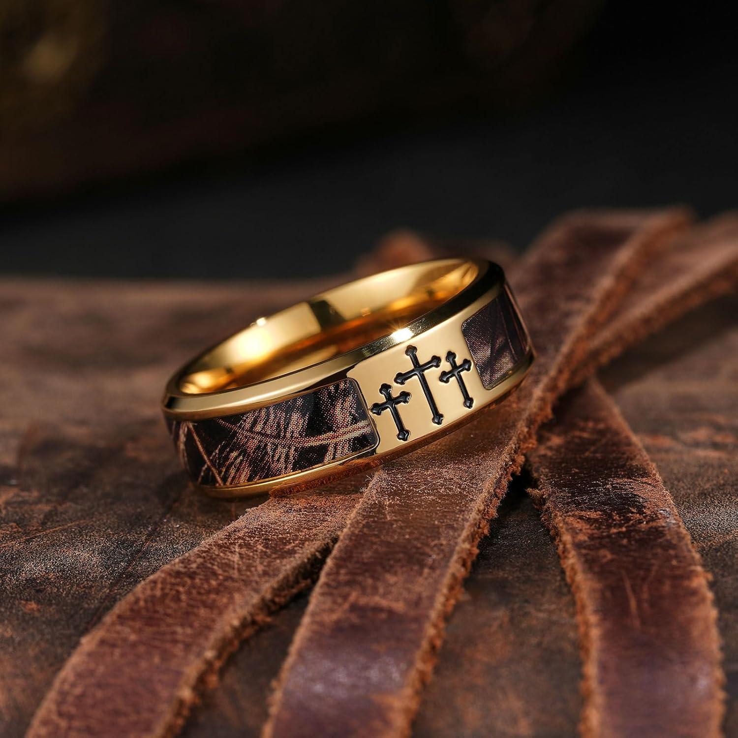 imageKing Will Cross Titanium Wedding Band for Men Women8mm Width Wedding Ring in BlackSliverGold Plated with Brown Camouflage Inlay Comfort Fit Size 714Gold Cross