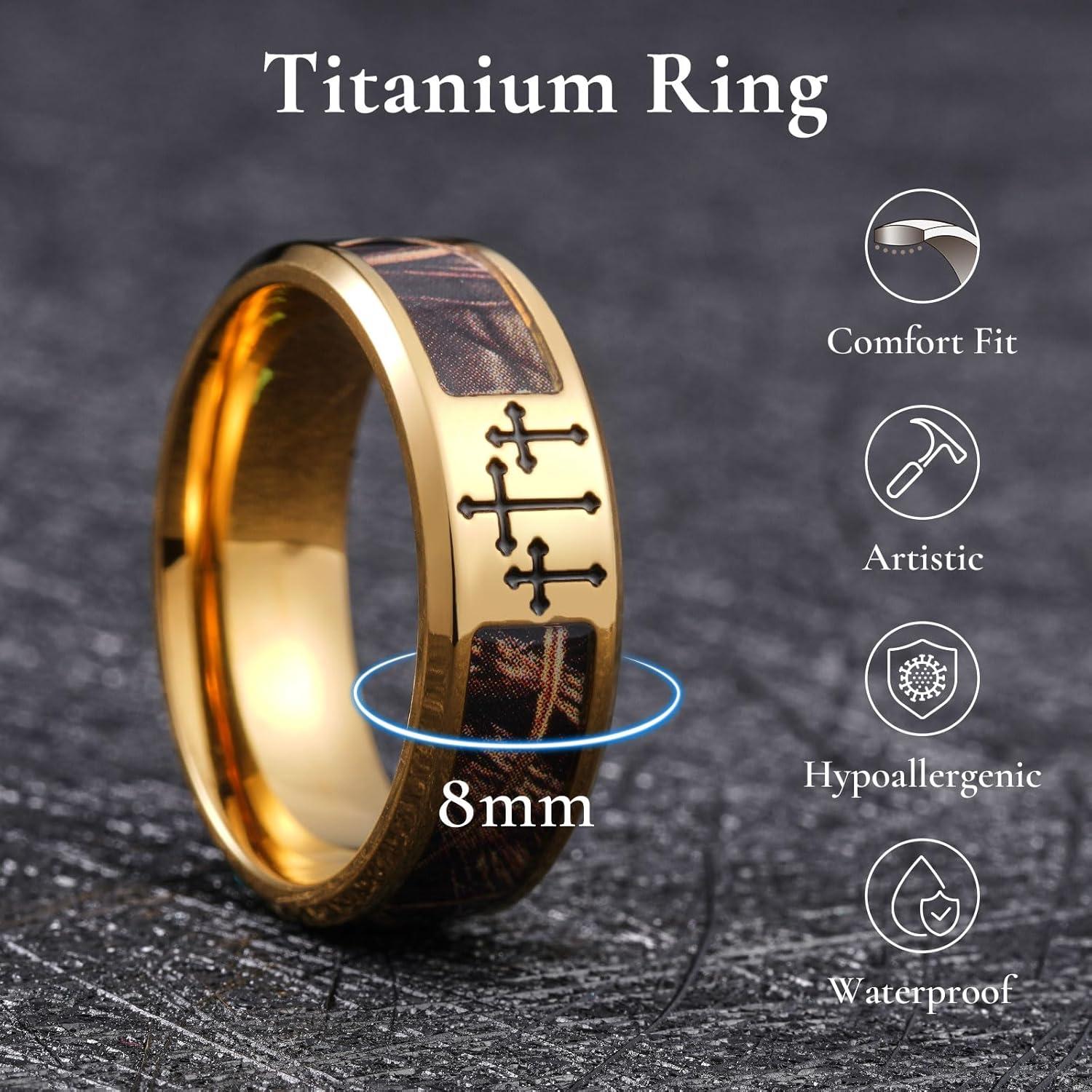 imageKing Will Cross Titanium Wedding Band for Men Women8mm Width Wedding Ring in BlackSliverGold Plated with Brown Camouflage Inlay Comfort Fit Size 714Gold Cross
