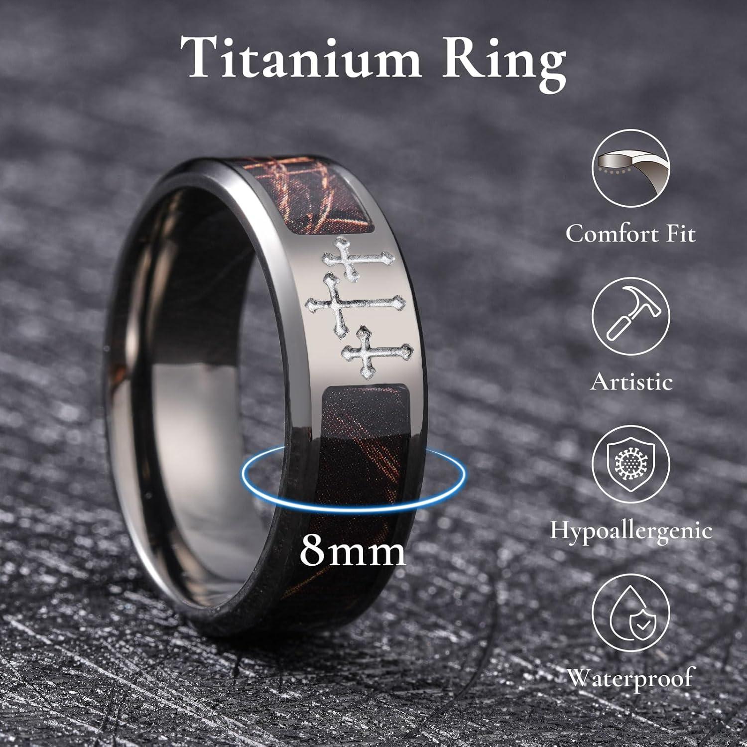 imageKing Will Cross Titanium Wedding Band for Men Women8mm Width Wedding Ring in BlackSliverGold Plated with Brown Camouflage Inlay Comfort Fit Size 714GunmetalGray Cross