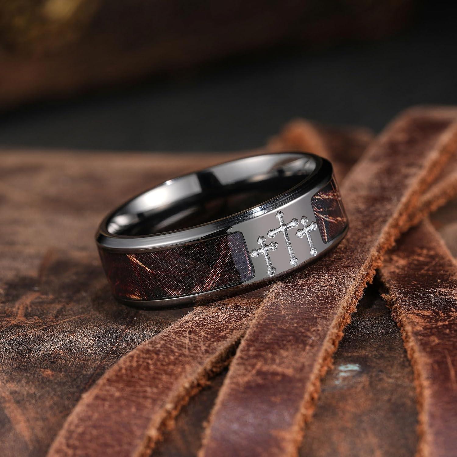 imageKing Will Cross Titanium Wedding Band for Men Women8mm Width Wedding Ring in BlackSliverGold Plated with Brown Camouflage Inlay Comfort Fit Size 714GunmetalGray Cross