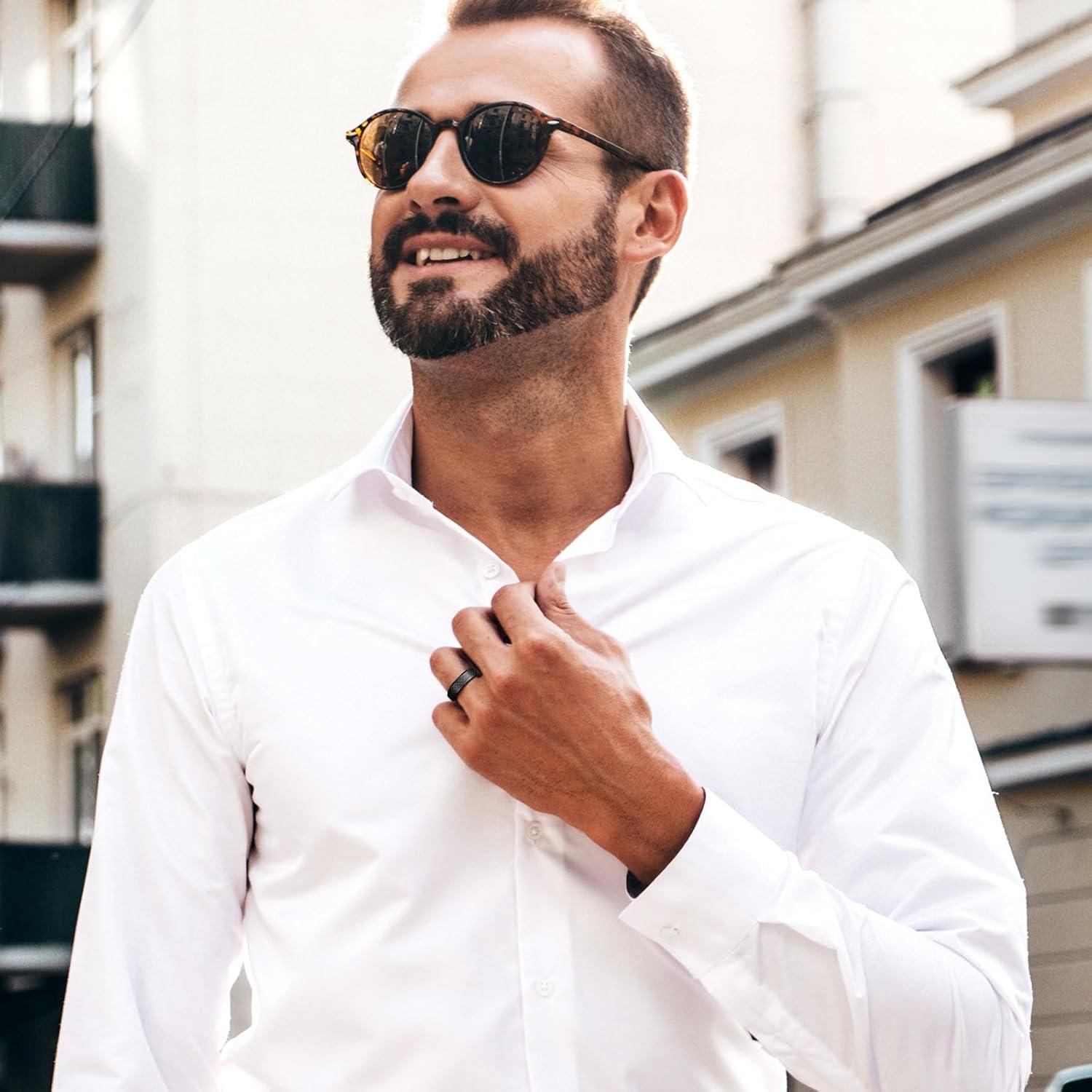 imageKing Will GENTLEMAN 7mm Mens Titanium Wedding Ring Carbon Fiber Inlay Engagement Ring BlackSilverGoldBlue Promise Ring For Him Comfort FitAllBlack