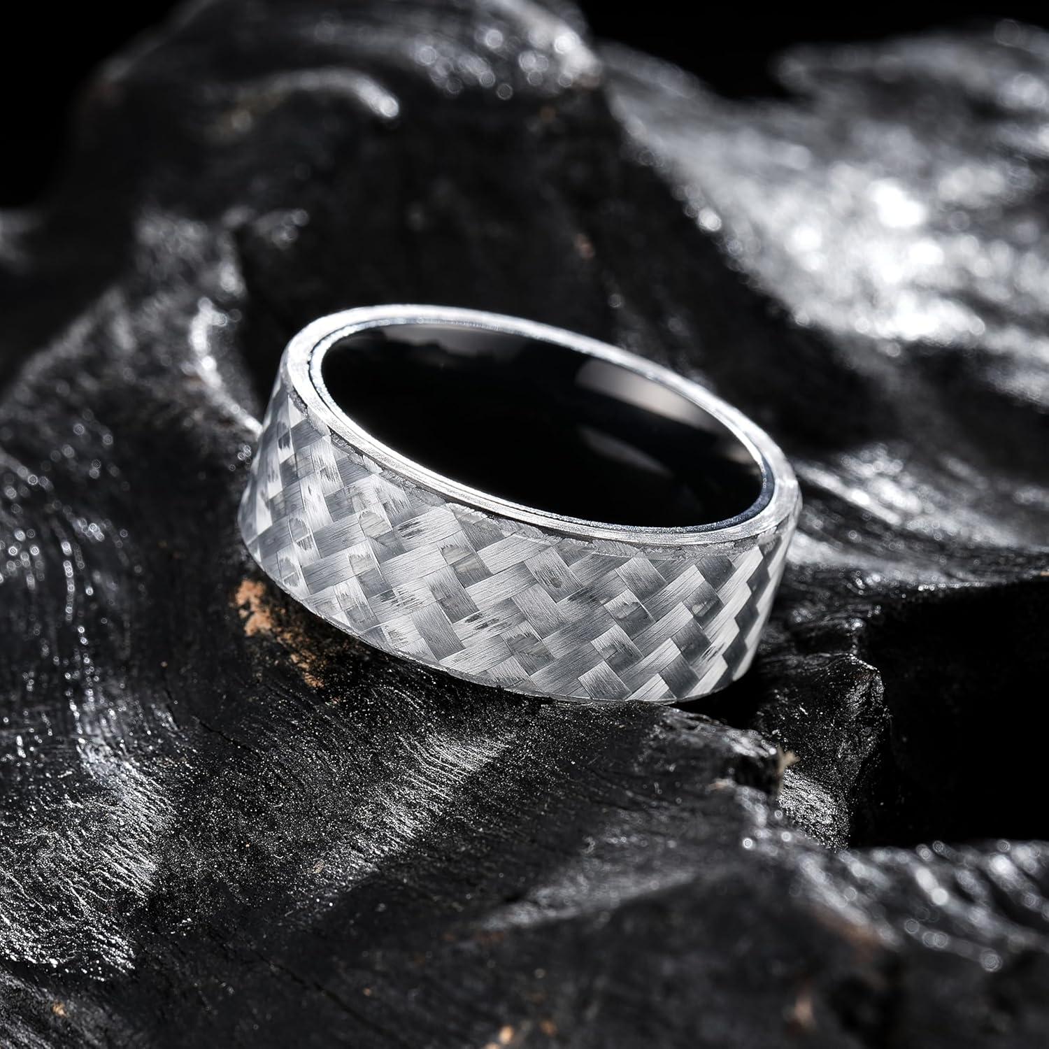 imageKing Will GENTLEMAN 7mm Mens Titanium Wedding Ring Carbon Fiber Inlay Engagement Ring BlackSilverGoldBlue Promise Ring For Him Comfort FitGray8mm