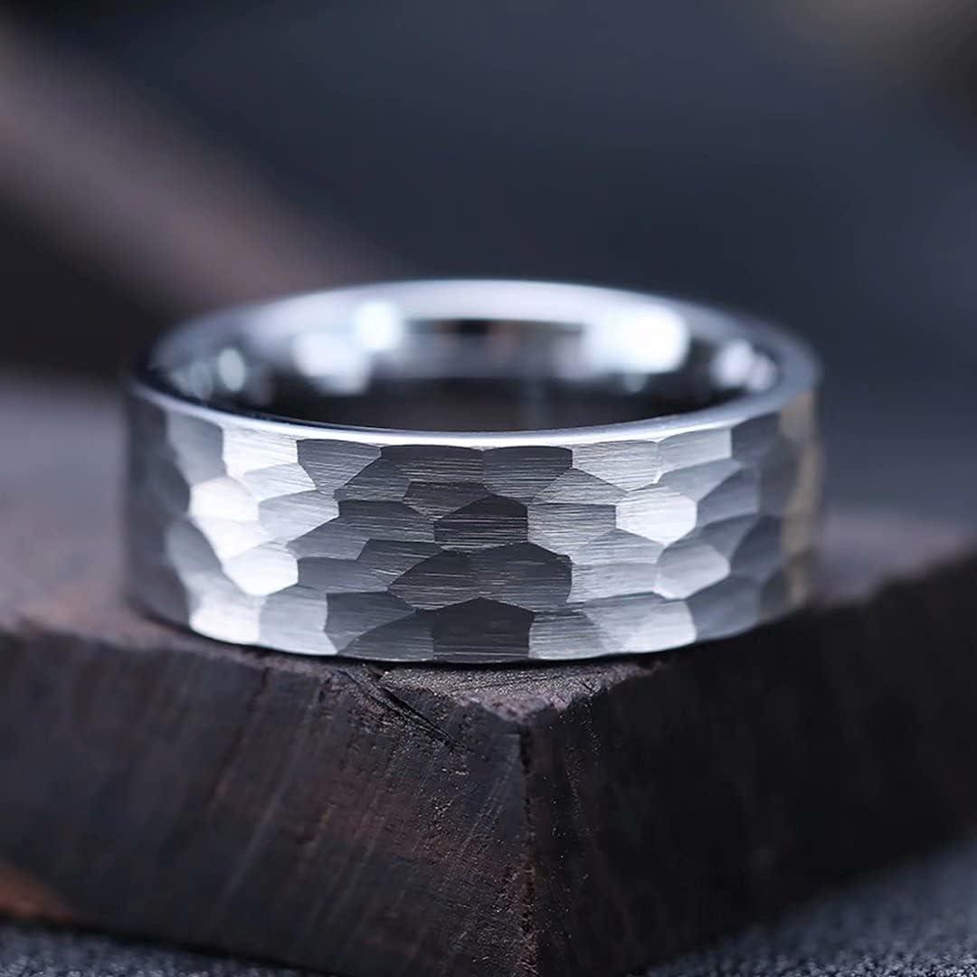 imageKing Will Hammered 8mm Silver Tungsten Ring Hammer MultiFaceted Men Wedding Band Polished Domed Brushed Step Edge Comfort FitAsilver
