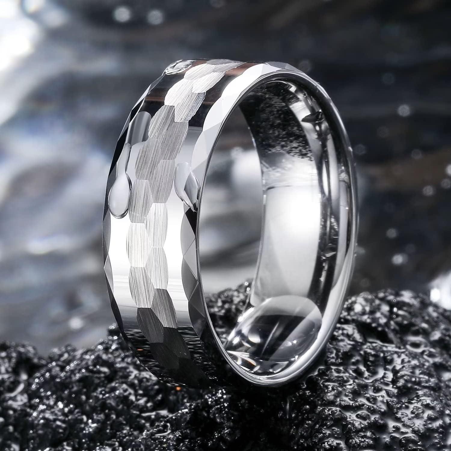 imageKing Will Hammered 8mm Silver Tungsten Ring Hammer MultiFaceted Men Wedding Band Polished Domed Brushed Step Edge Comfort FitDomedpolish
