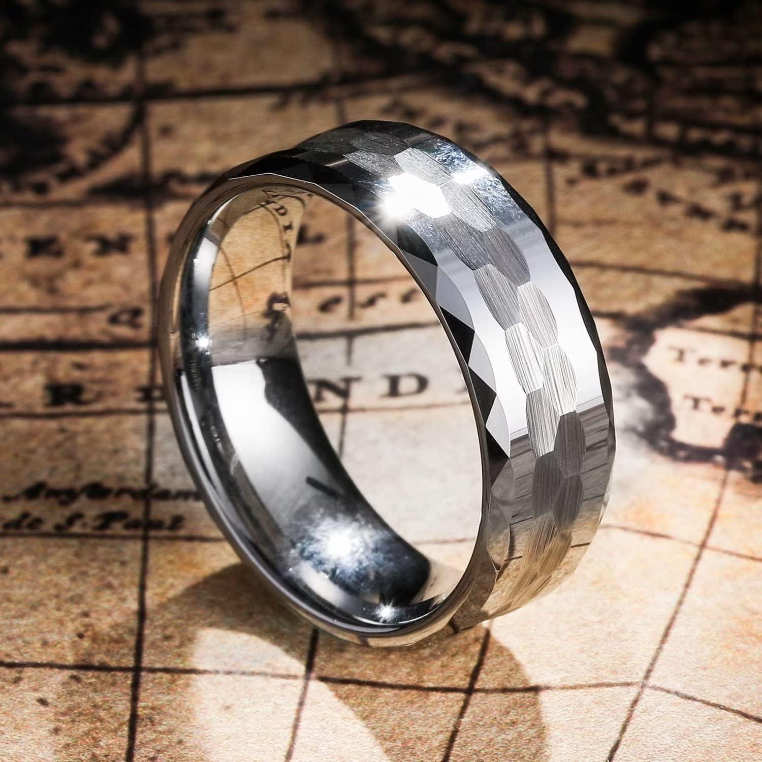 imageKing Will Hammered 8mm Silver Tungsten Ring Hammer MultiFaceted Men Wedding Band Polished Domed Brushed Step Edge Comfort FitDomedpolish