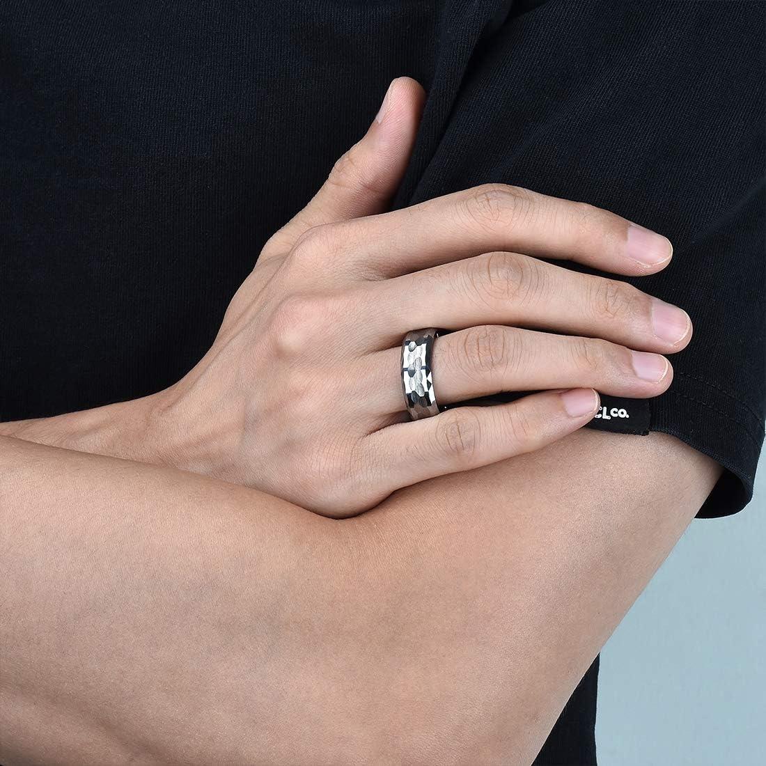 imageKing Will Hammered 8mm Silver Tungsten Ring Hammer MultiFaceted Men Wedding Band Polished Domed Brushed Step Edge Comfort FitMultiFaceted