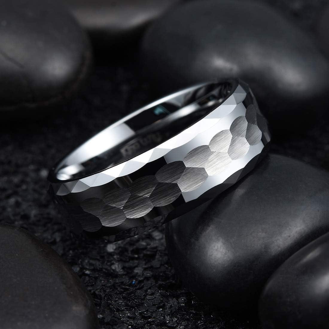 imageKing Will Hammered 8mm Silver Tungsten Ring Hammer MultiFaceted Men Wedding Band Polished Domed Brushed Step Edge Comfort FitMultiFaceted