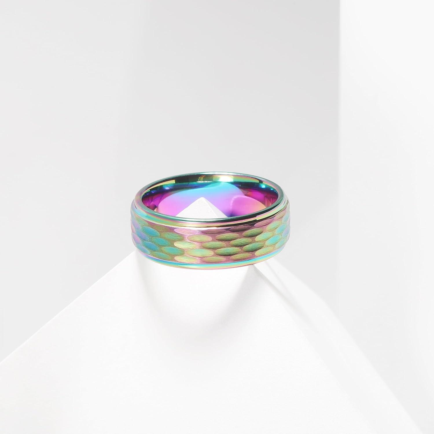 imageKing Will Hammered 8mm Silver Tungsten Ring Hammer MultiFaceted Men Wedding Band Polished Domed Brushed Step Edge Comfort FitRainbow Step Edge