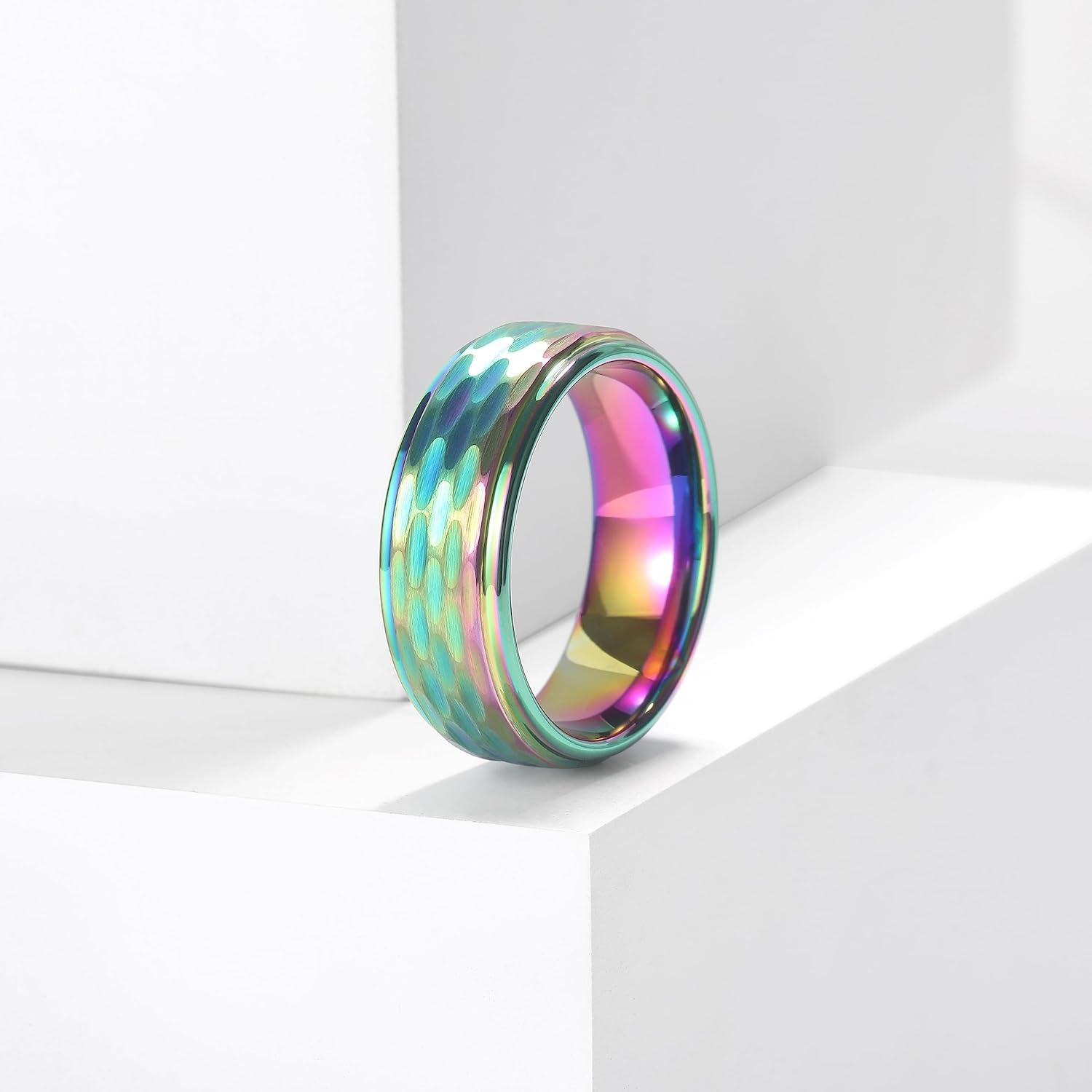 imageKing Will Hammered 8mm Silver Tungsten Ring Hammer MultiFaceted Men Wedding Band Polished Domed Brushed Step Edge Comfort FitRainbow Step Edge