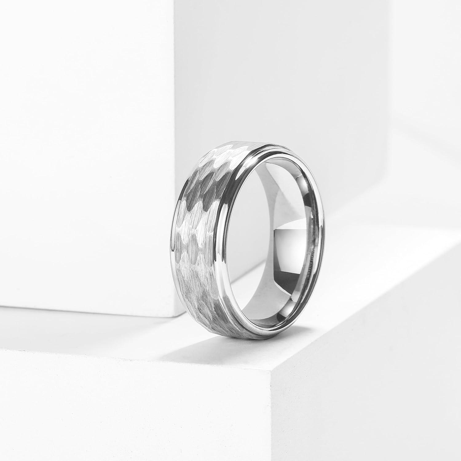 imageKing Will Hammered 8mm Silver Tungsten Ring Hammer MultiFaceted Men Wedding Band Polished Domed Brushed Step Edge Comfort FitSilver Step Edge