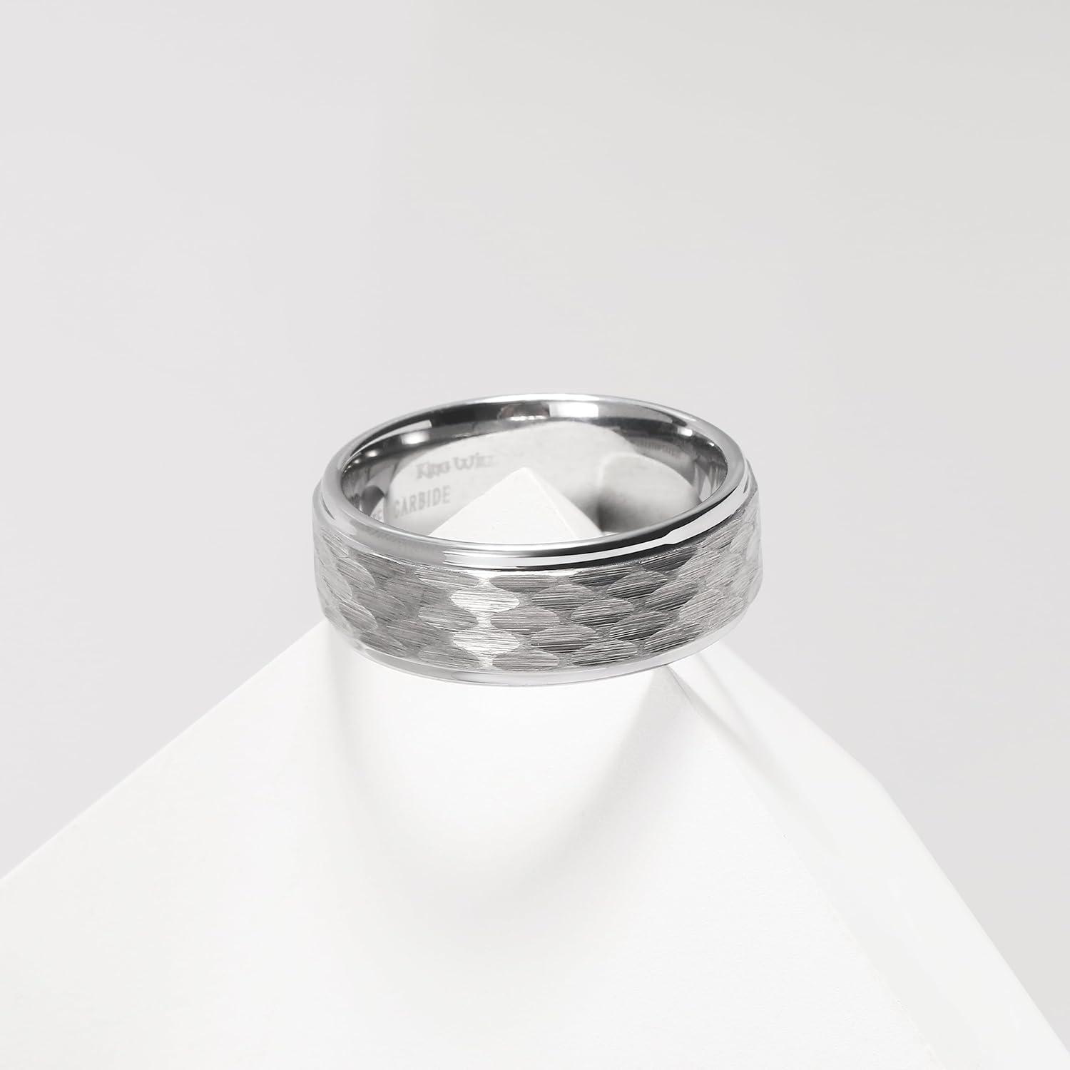 imageKing Will Hammered 8mm Silver Tungsten Ring Hammer MultiFaceted Men Wedding Band Polished Domed Brushed Step Edge Comfort FitSilver Step Edge