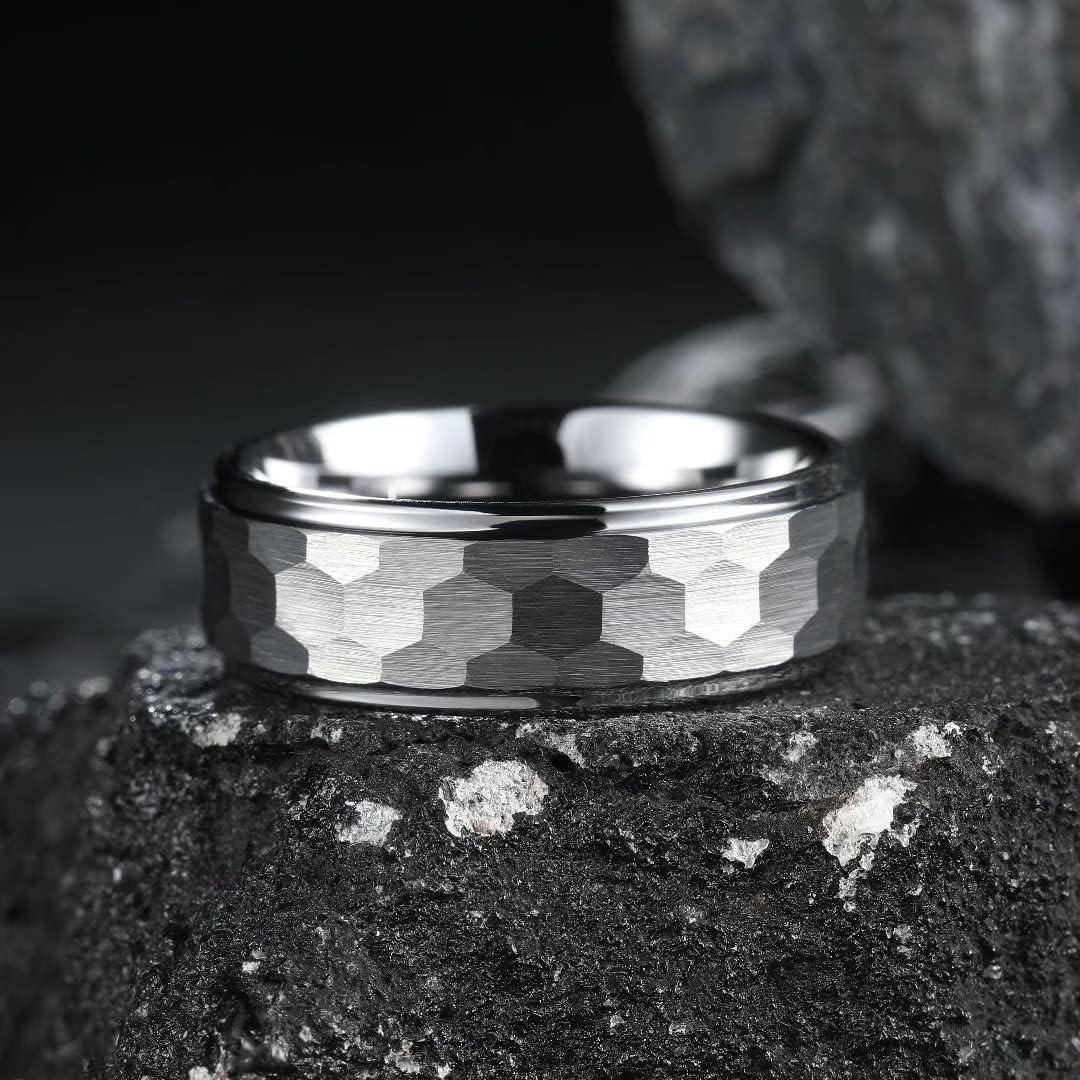 imageKing Will Hammered 8mm Silver Tungsten Ring Hammer MultiFaceted Men Wedding Band Polished Domed Brushed Step Edge Comfort FitStep Edge