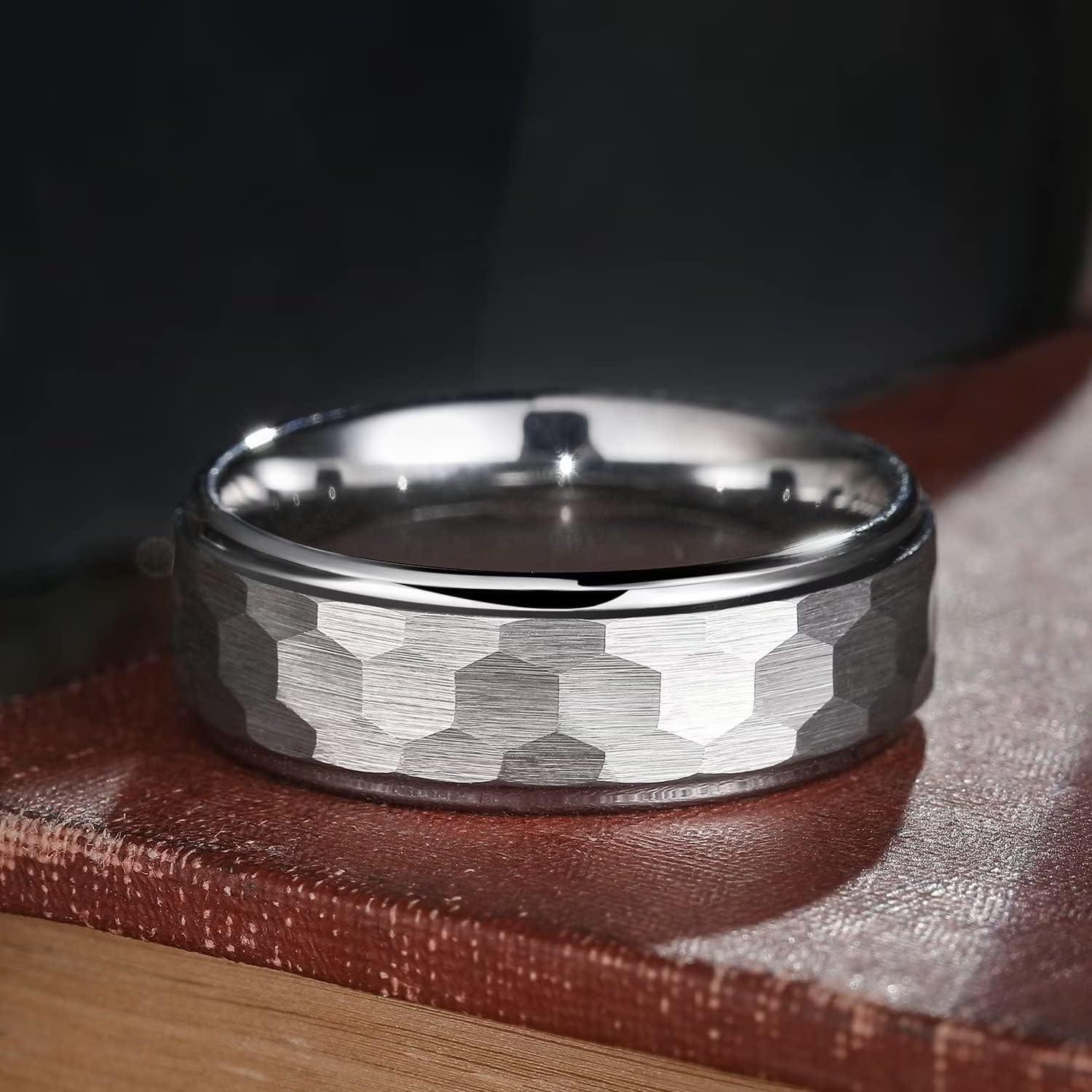 imageKing Will Hammered 8mm Silver Tungsten Ring Hammer MultiFaceted Men Wedding Band Polished Domed Brushed Step Edge Comfort Fitdomed