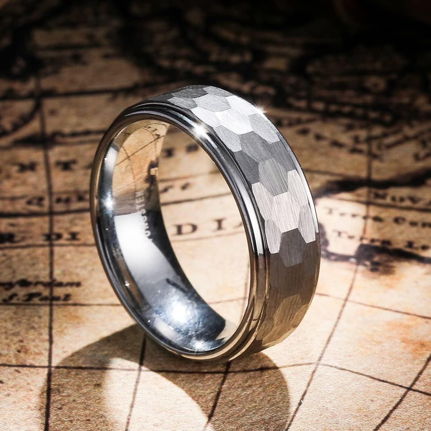 imageKing Will Hammered 8mm Silver Tungsten Ring Hammer MultiFaceted Men Wedding Band Polished Domed Brushed Step Edge Comfort Fitdomed