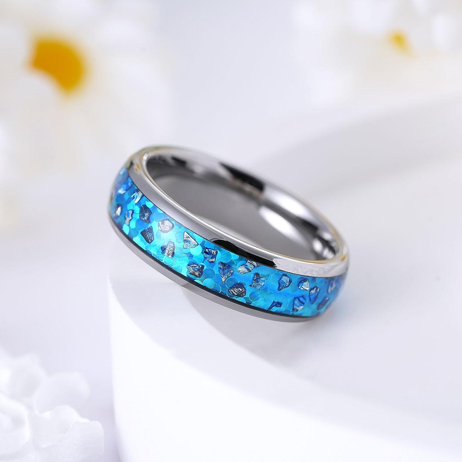 imageKing Will Mens 4mm6mm8mm Black Tungsten Wedding Band Blue Green Purple Fragments Inlay Rings Engagement Band Comfort Fit6mm Blue Opal