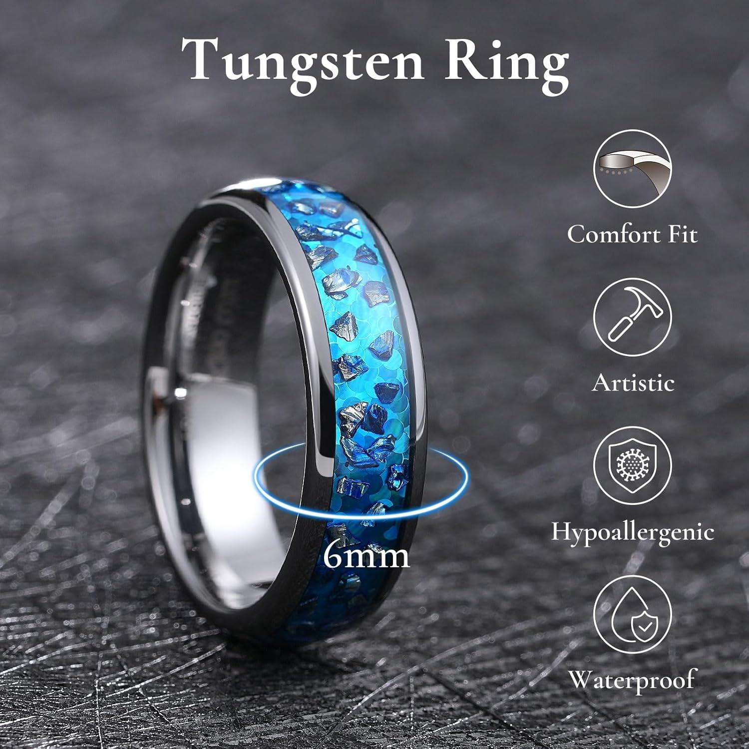 imageKing Will Mens 4mm6mm8mm Black Tungsten Wedding Band Blue Green Purple Fragments Inlay Rings Engagement Band Comfort Fit6mm Blue Opal