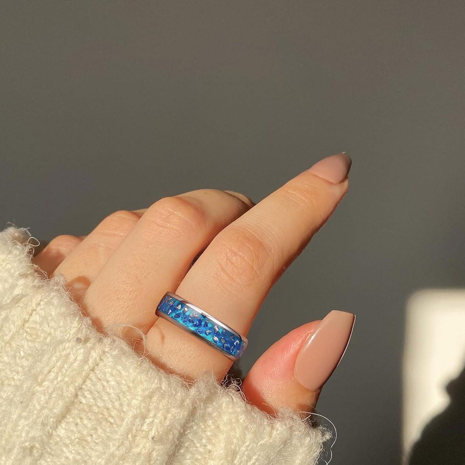 imageKing Will Mens 4mm6mm8mm Black Tungsten Wedding Band Blue Green Purple Fragments Inlay Rings Engagement Band Comfort Fit6mm Blue Opal