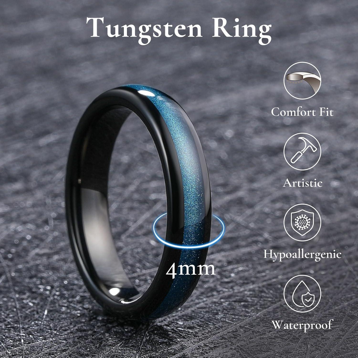 imageKing Will Mens 4mm6mm8mm Black Tungsten Wedding Band Blue Green Purple Fragments Inlay Rings Engagement Band Comfort FitBlackBlue4mm