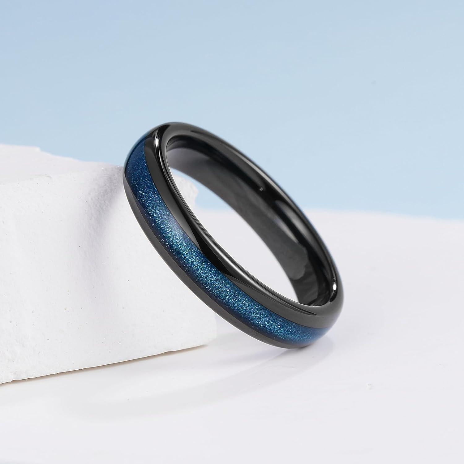 imageKing Will Mens 4mm6mm8mm Black Tungsten Wedding Band Blue Green Purple Fragments Inlay Rings Engagement Band Comfort FitBlackBlue4mm