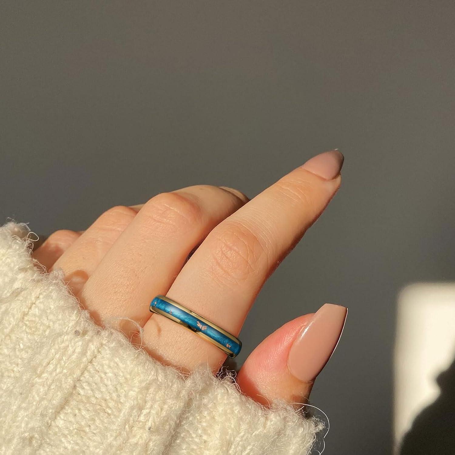 imageKing Will Mens 4mm6mm8mm Black Tungsten Wedding Band Blue Green Purple Fragments Inlay Rings Engagement Band Comfort FitGoldBlueRose4mm