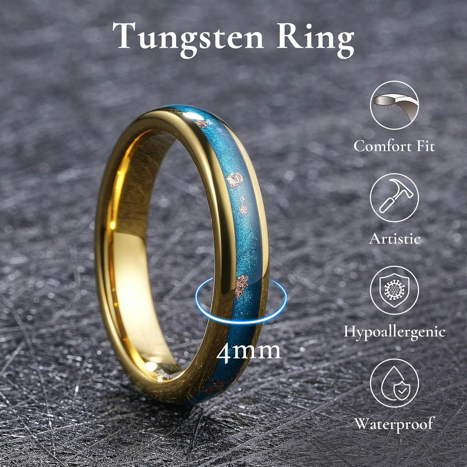 imageKing Will Mens 4mm6mm8mm Black Tungsten Wedding Band Blue Green Purple Fragments Inlay Rings Engagement Band Comfort FitGoldBlueRose4mm