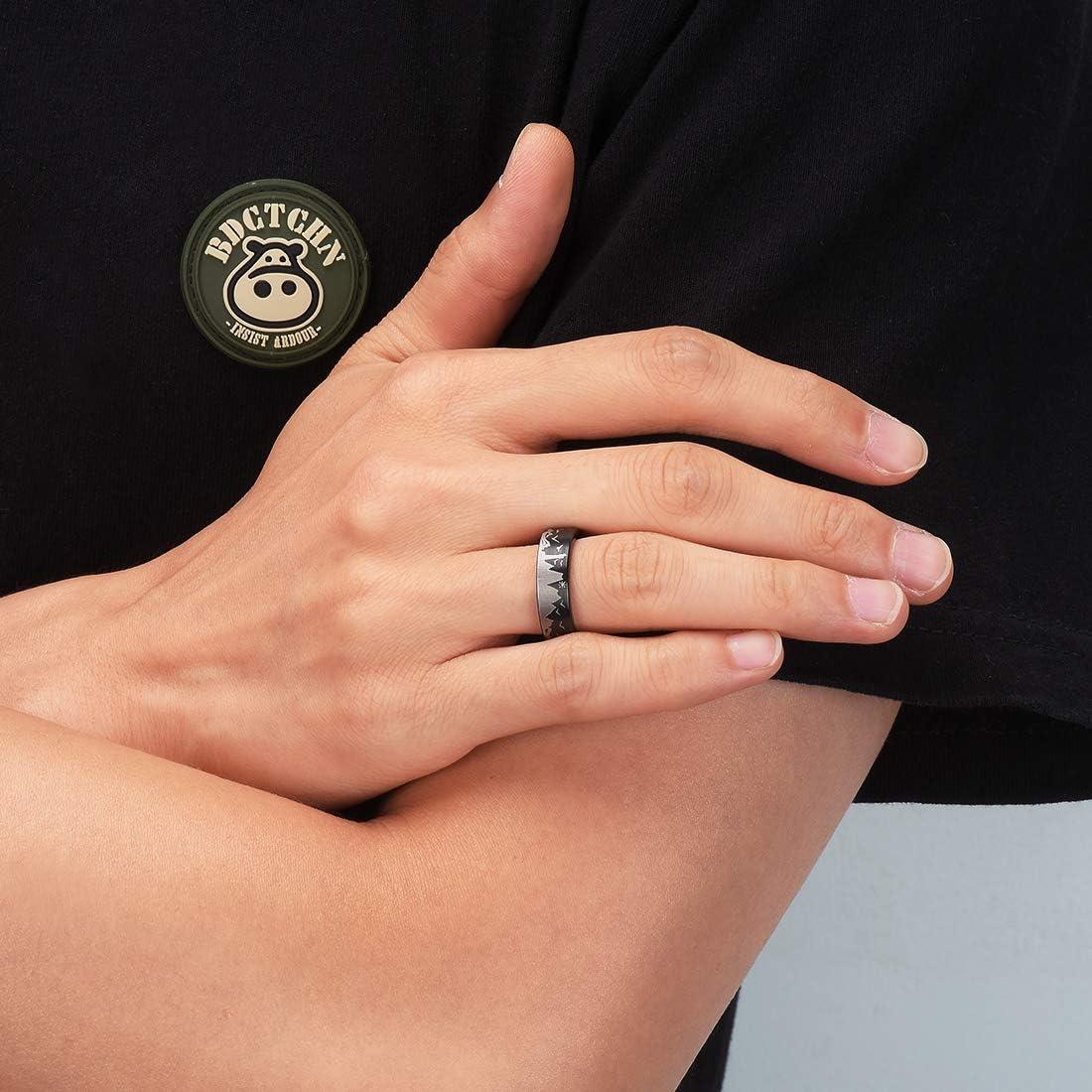 imageKing Will Mens 6mm 8mm Black Silver Tungsten Carbide Wedding Bands Inlay Lasered SeagullForest LandscapPandaDeerHuntingFly Fishing Brushed Wedding Rings for Men WomenSeagull