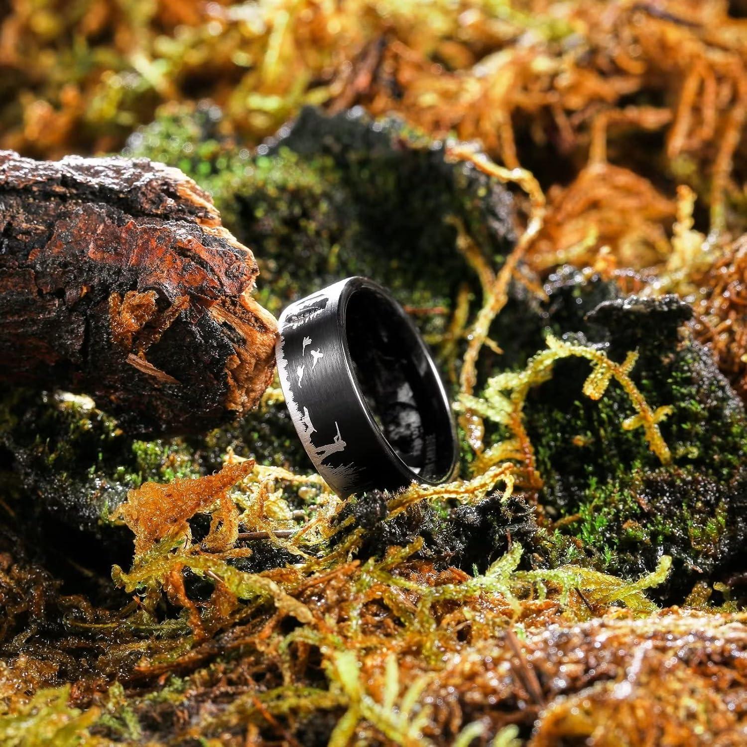 imageKing Will Mens 6mm 8mm Black Silver Tungsten Carbide Wedding Bands Inlay Lasered SeagullForest LandscapPandaDeerHuntingFly Fishing Brushed Wedding Rings for Men WomenHunting