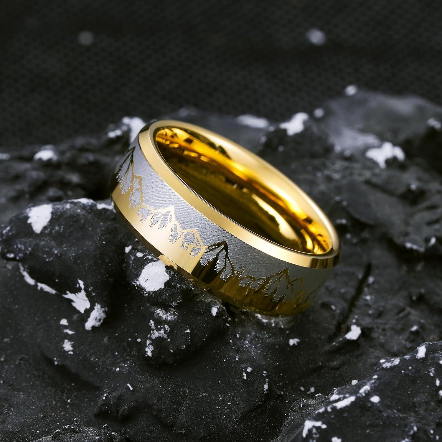 imageKing Will Mens 6mm 8mm Black Silver Tungsten Carbide Wedding Bands Inlay Lasered SeagullForest LandscapPandaDeerHuntingFly Fishing Brushed Wedding Rings for Men WomenGold